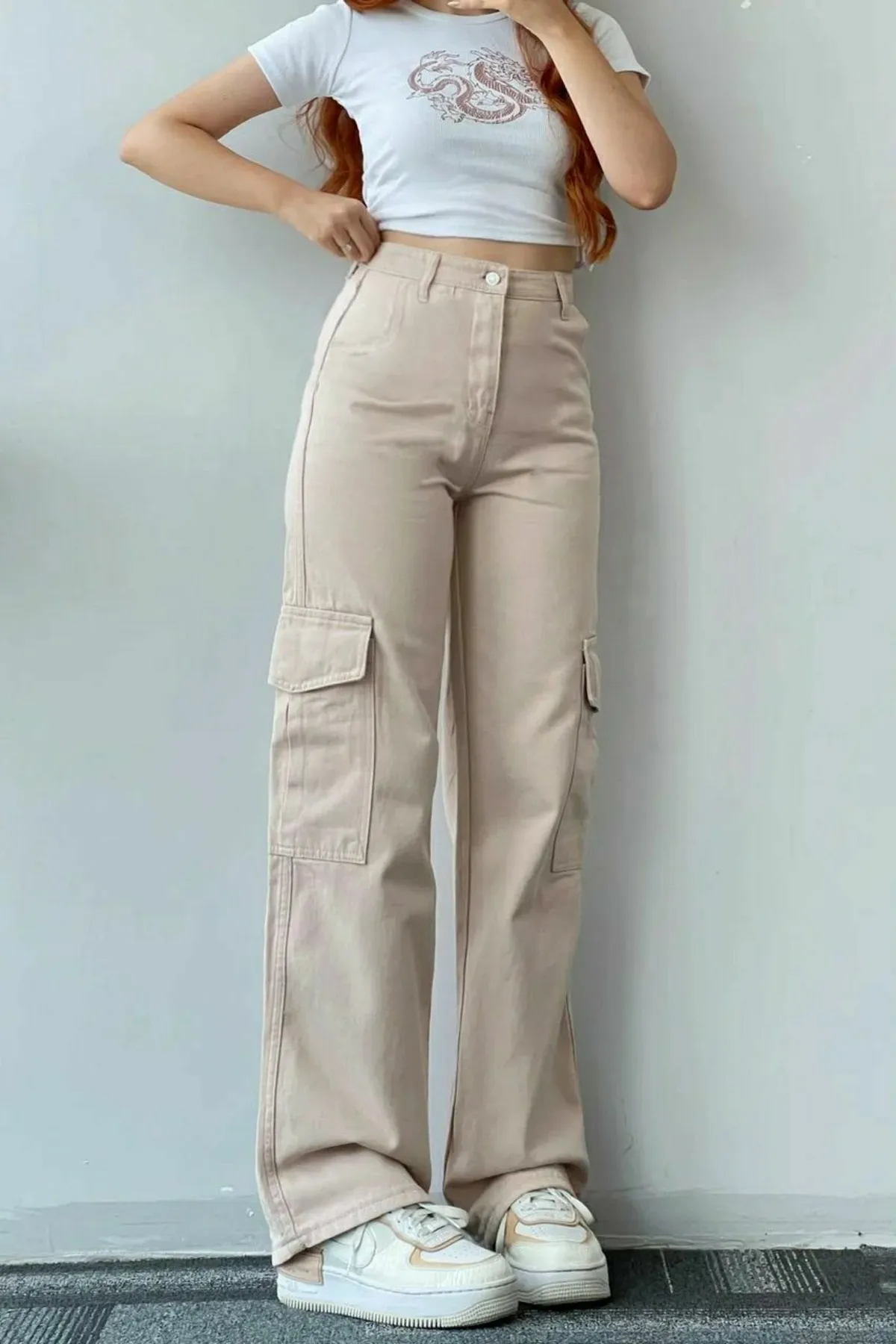 Trn JNS  Stone Damen-Palazzo-Jeans in Beige mit extra hoher Taille, Cargotasche und ohne Gesäßtasche