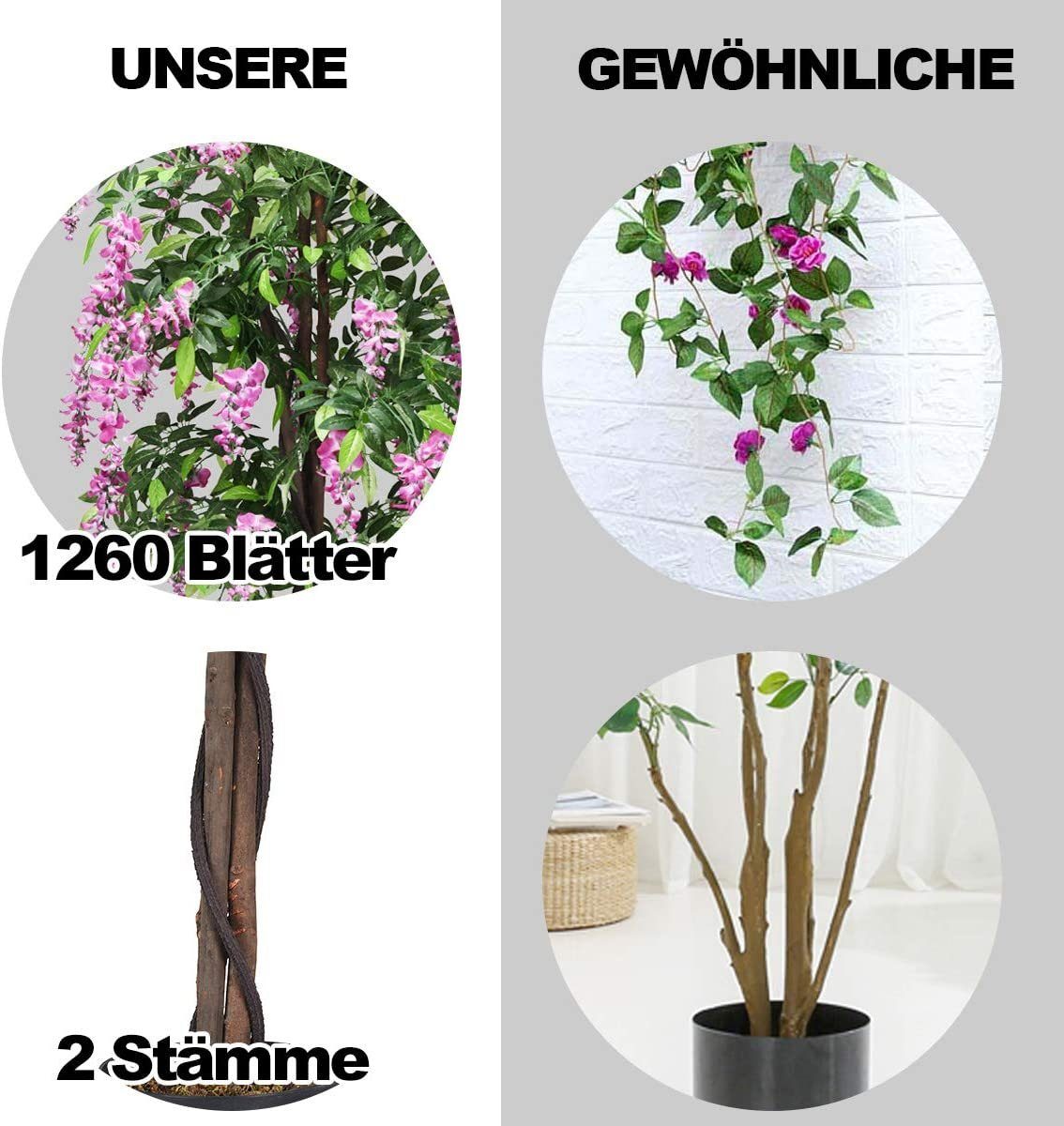 Kunstbaum, COSTWAY, Höhe 180 cm, mit Blüten und Töpf, Blättern & 2 Stämmen