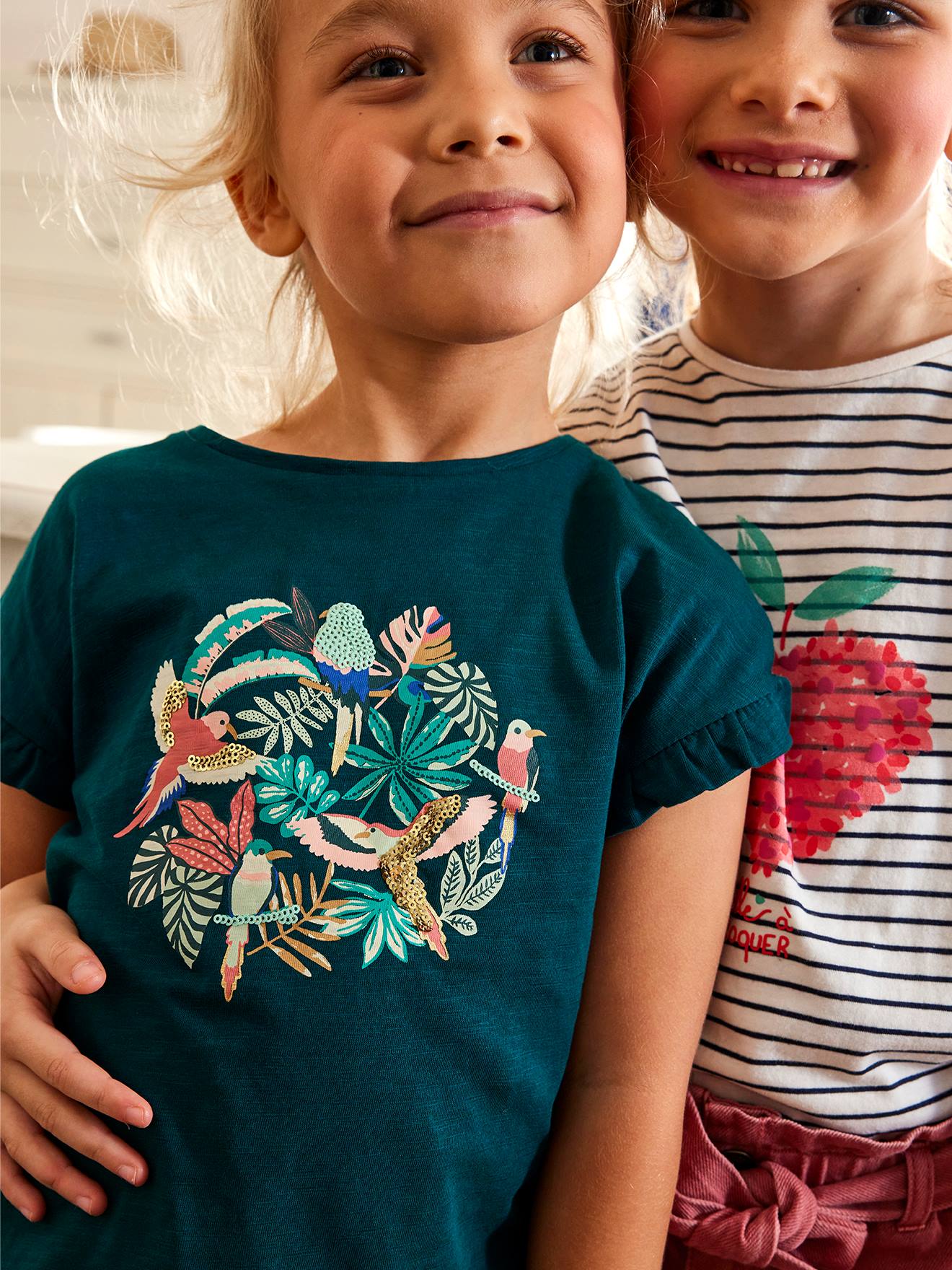 Tee-shirt volanté motif à sequins fille vert d'eau