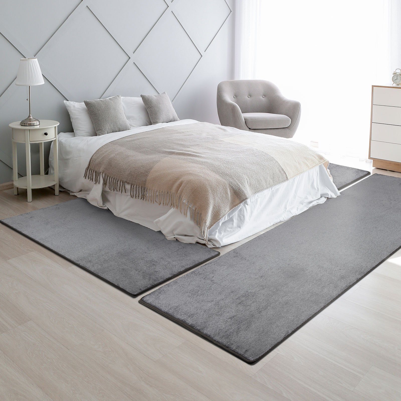 Hochflor-Bettumrandung Sundae Silber 73, 3 Größen, Teppichläufer Floordirekt, Höhe 13.5 mm, (3-tlg), Velours