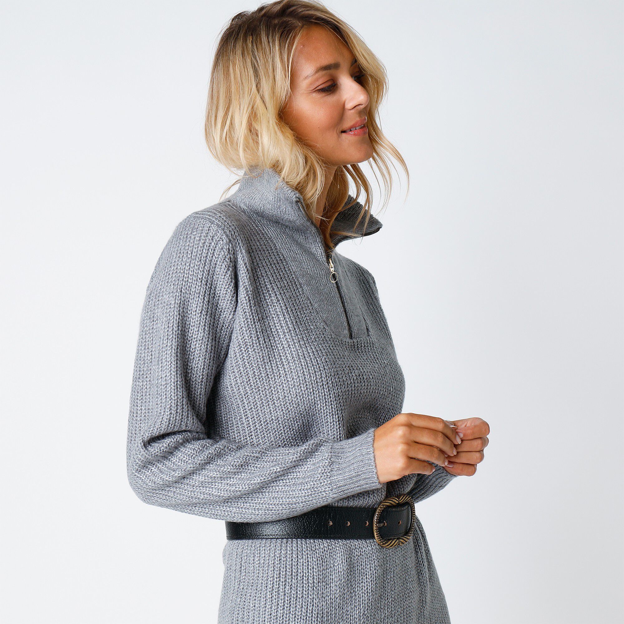 Robe pull col zippé, maille anglaise