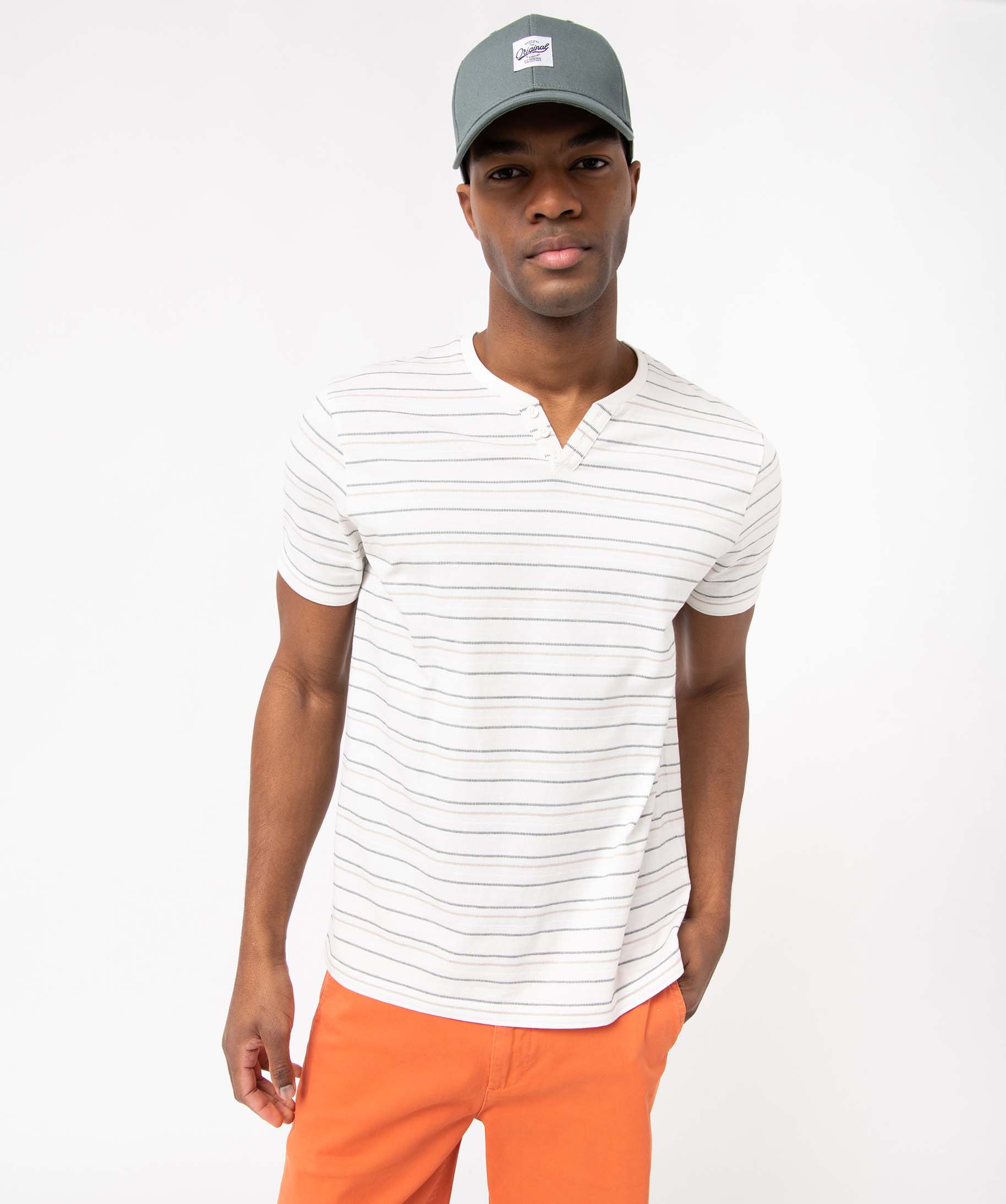 Tee-shirt homme à manches courtes, rayures et col fantaisie ecru | GEMO