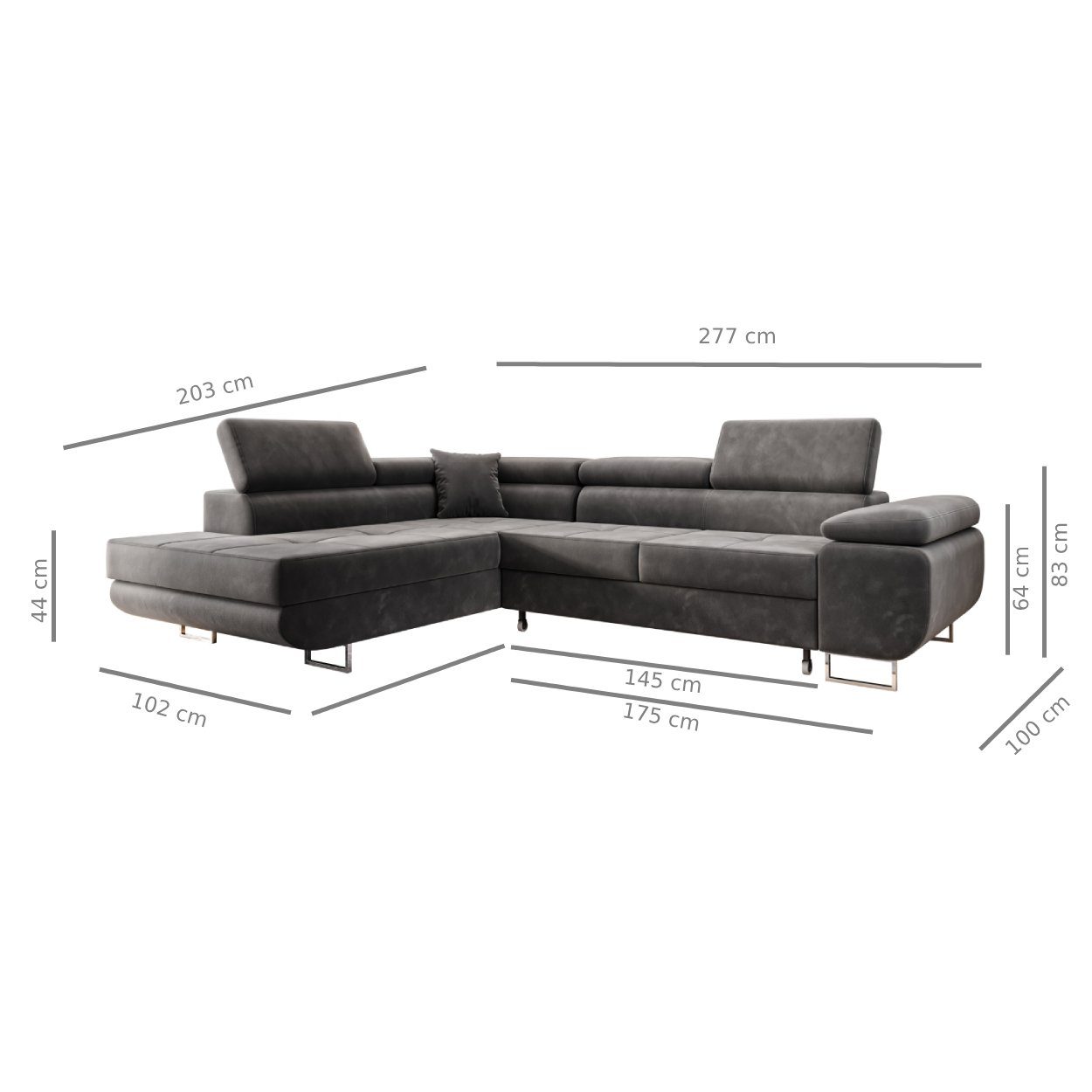 Möbel Punkt Ecksofa Monaco Samt Grau mit Bett Bettkasten Kopfteilverstellung Bett Sofa Schlafsofa Ottomane links