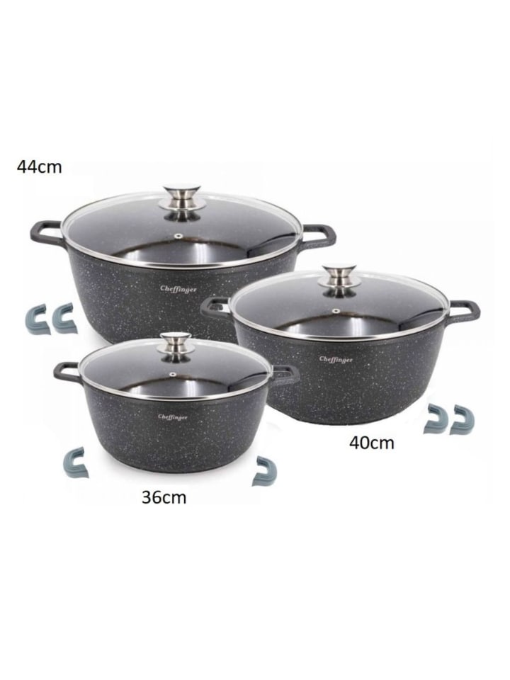 Cheffinger 6-tlg Kochtopfset mit Deckel ø36cm/ø40cm/ø44cm in Schwarz günstig kaufen 36-44