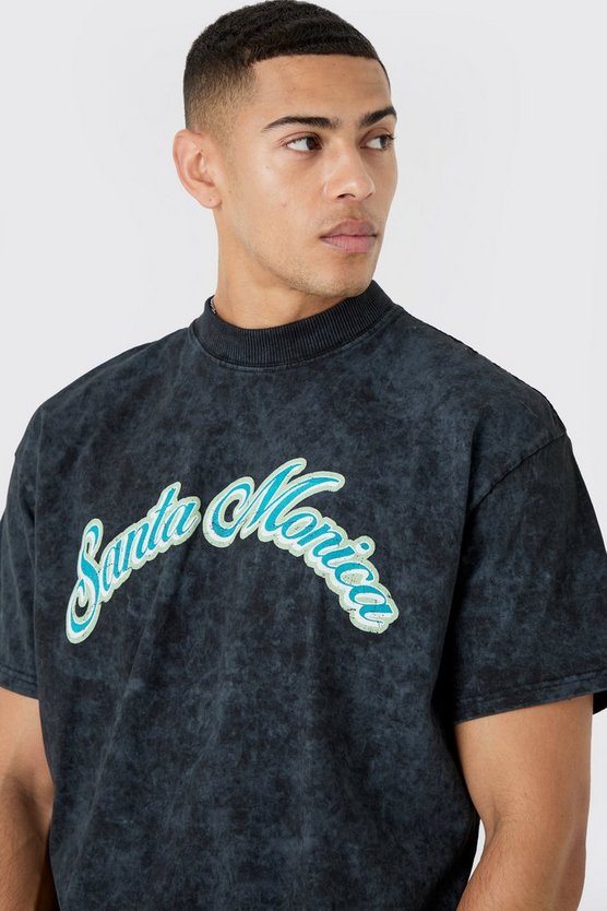 T-Shirt mit Acid-Waschung und Santa Monica Print