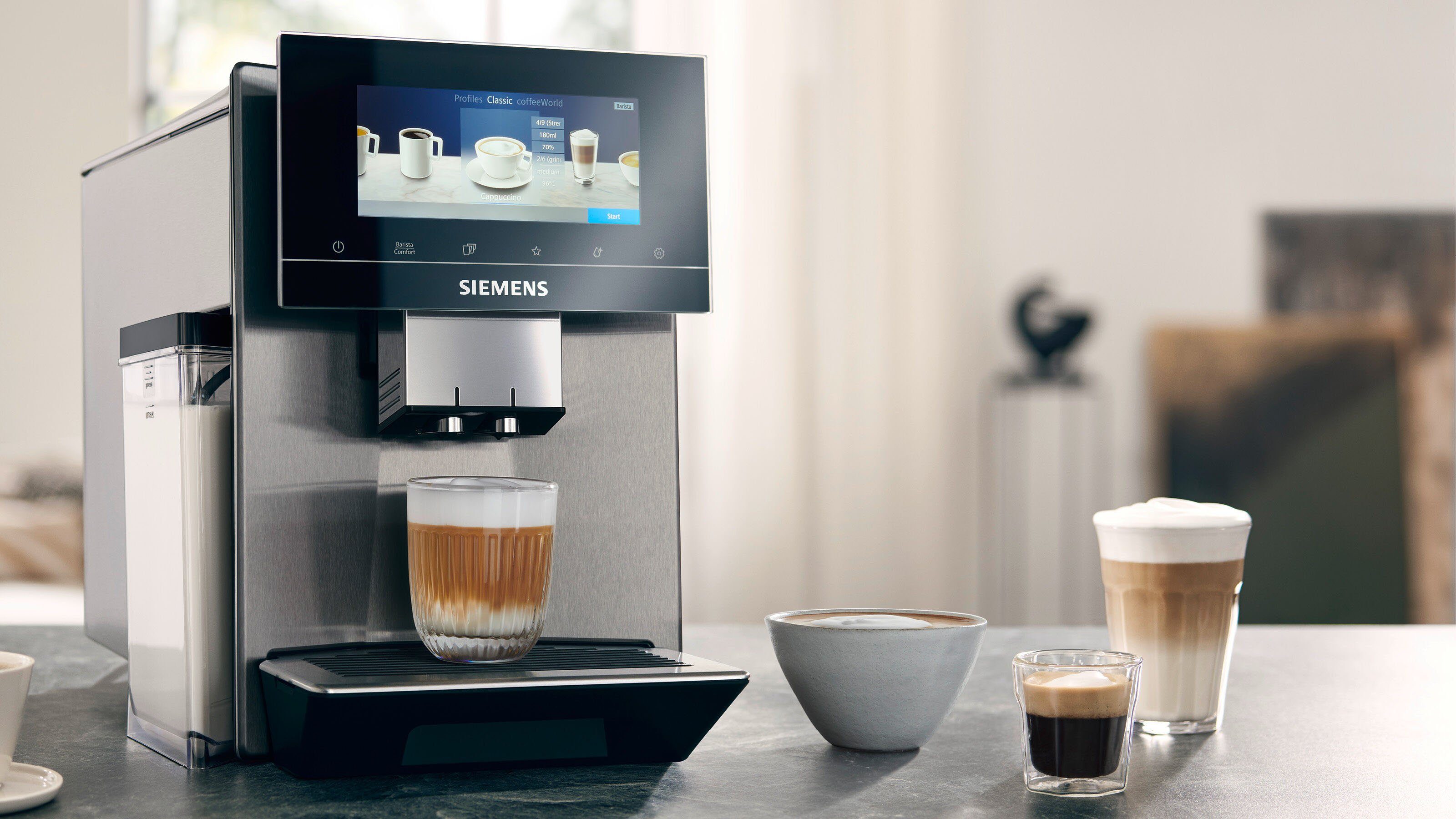SIEMENS Kaffeevollautomat EQ900 TQ903D43, Home Connect App, baristaMode, superSilent, 6,8” Full-Touch-Display