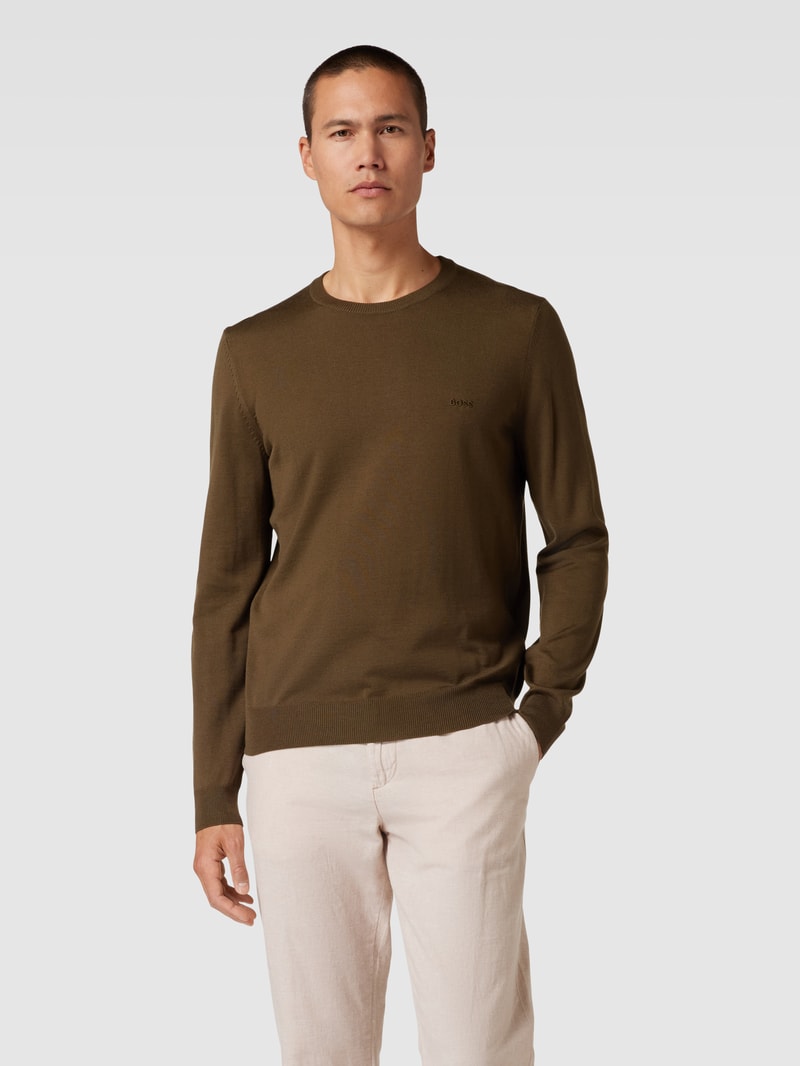 Strickpullover aus Schurwolle mit Label-Stitching Modell 'Otto' in mittelbraun