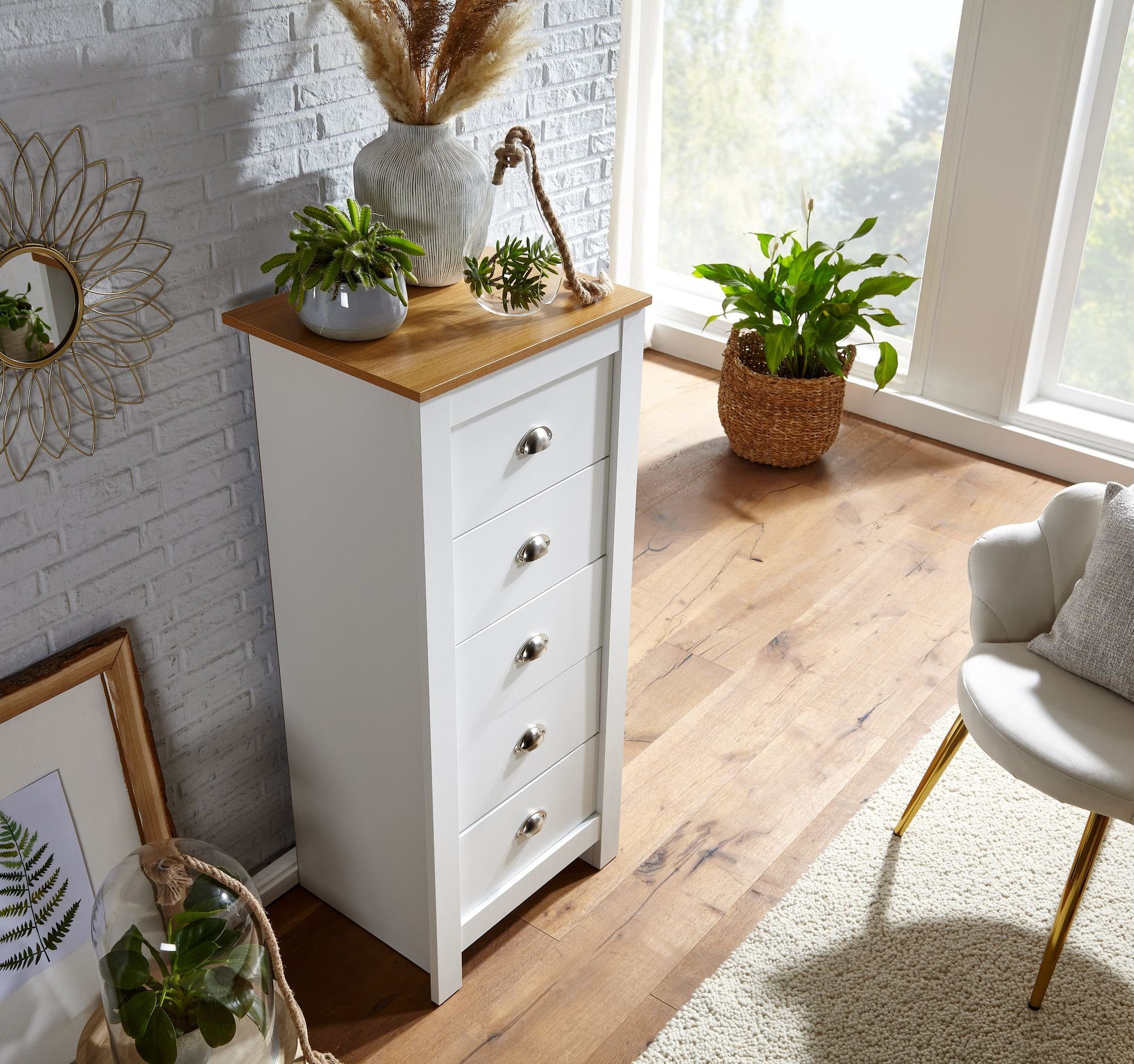 FINEBUY Kommode FB71920 (5 Schubladen 53x114x39 cm Sideboard Weiß / Eiche), Design Anrichte Modern, Schubladenkommode Hoch