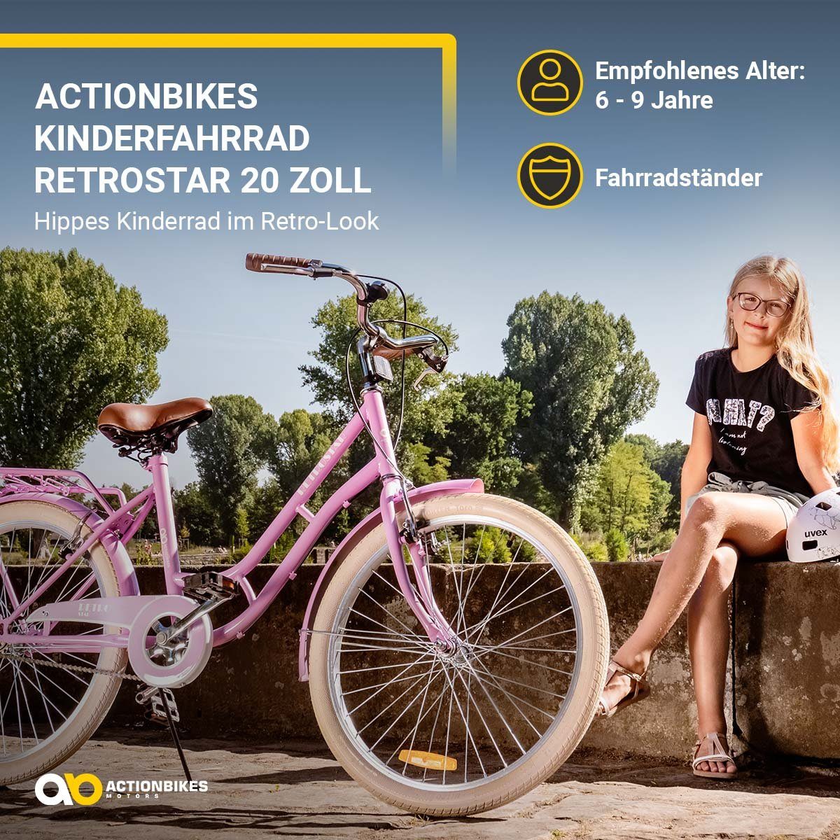 Actionbikes Motors Kinderfahrrad Mädchen Kinder Fahrrad Retrostar in Rosa, 1 Gang, ohne Schaltung, (V-Brakes vorne und hinten - gefederter Sattel, 1-tlg., Rutschfeste Handgriffe - Lenkerschutz - Fahrradständer), Kinderfahrrad 20 Zoll - Mädchenfahrrad
