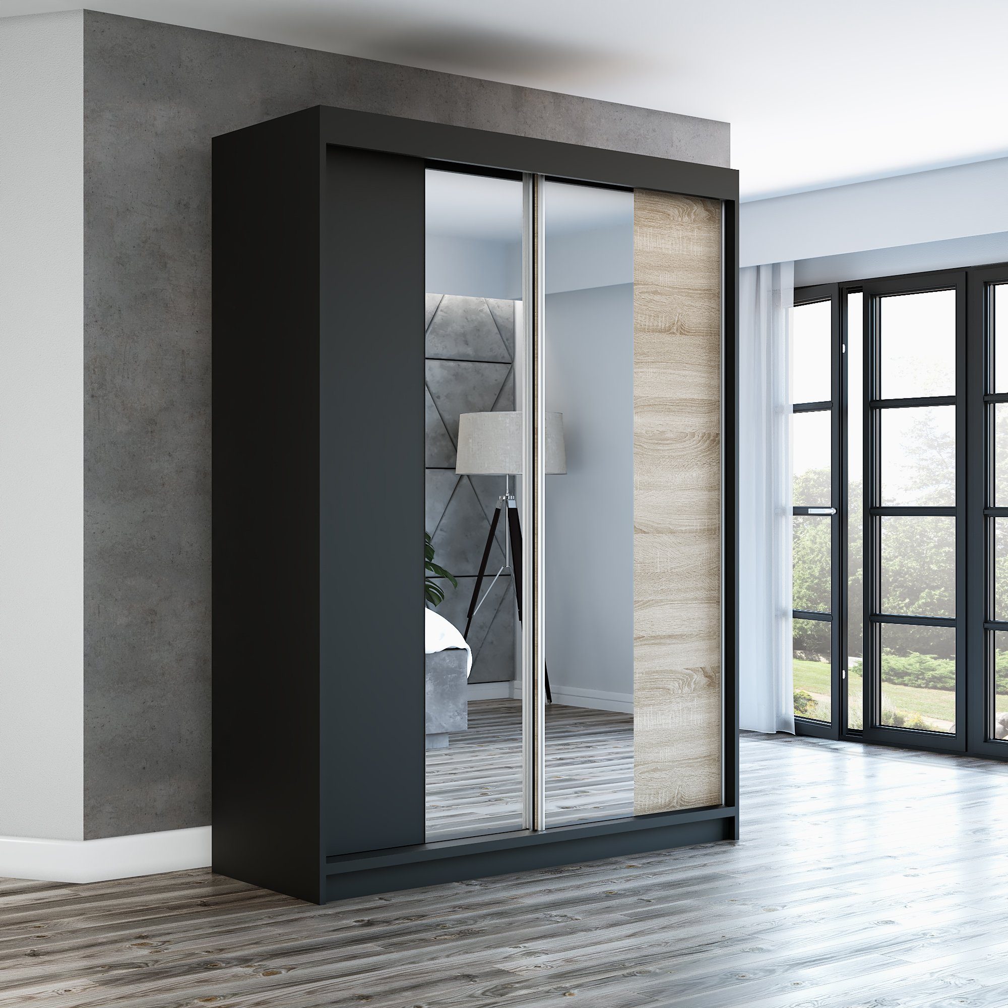 A&J MöbelLand GmbH Schwebetürenschrank NEO 160 cm 2-türig Schrank mit Spiegel