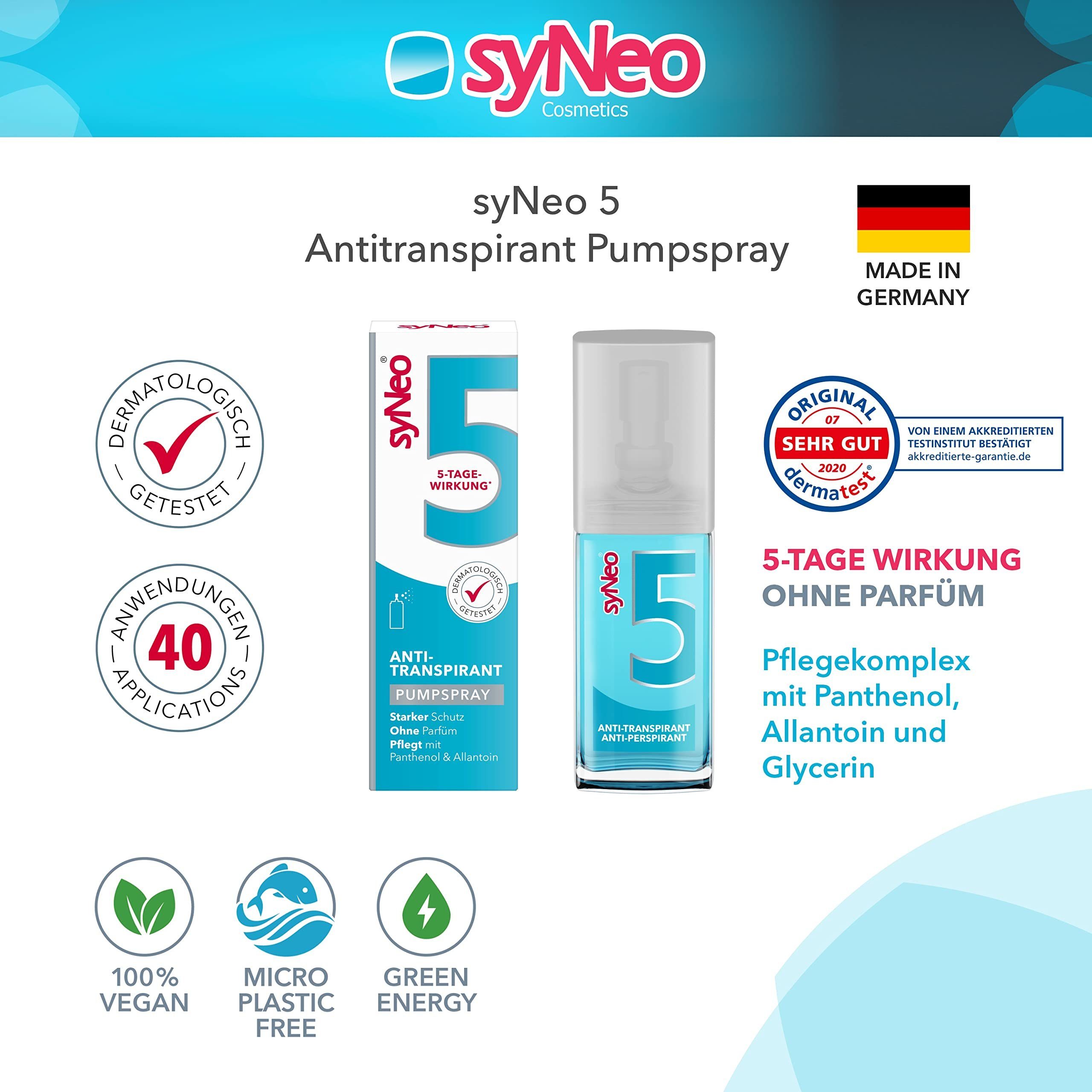 syNeo Deo-Pumpspray syNeo 5 Antitranspirant Spray gegen Schwitzen für Frauen und Männer, 1-tlg., Bis zu 5 Tage Schutz, Dermatologisch getestet, ohne Parfüm