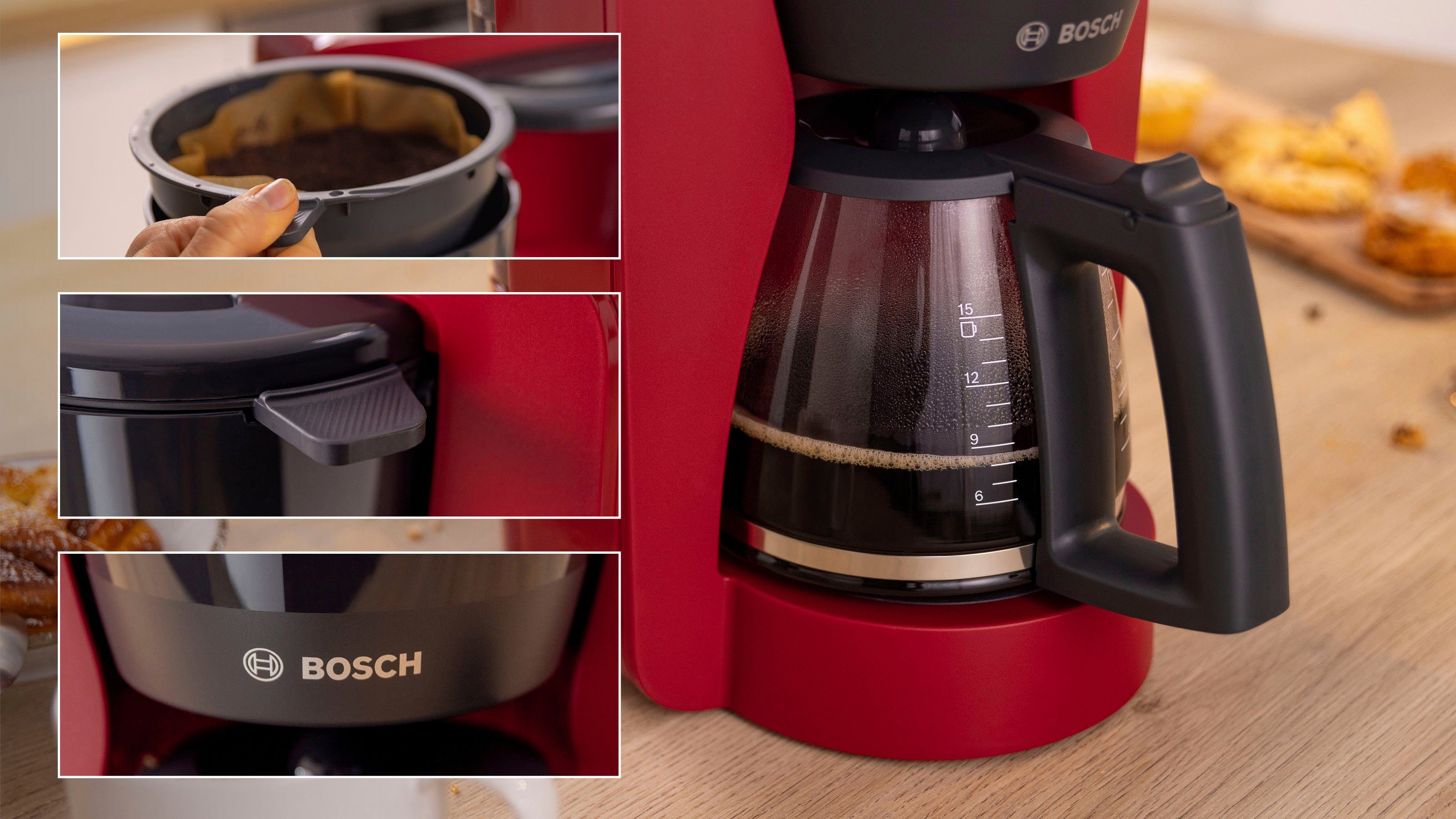 BOSCH Filterkaffeemaschine MyMoment TKA2M114, 1,25l Kaffeekanne, Papierfilter 1x4, für 10-15 Tassen, Glaskanne, 40min Warmhaltefunktion, 1200 W