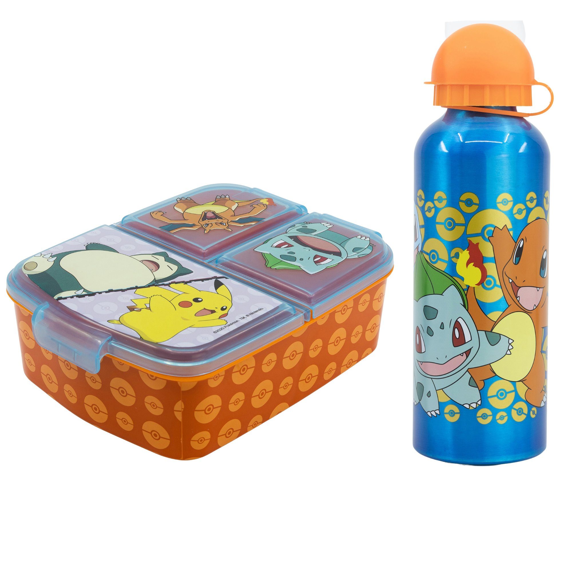 POKÉMON Lunchbox Pokemon Pikachu Kinder 2 tlg. Set 3 Kammern Brotdose, XL Alu-Flasche 530 ml