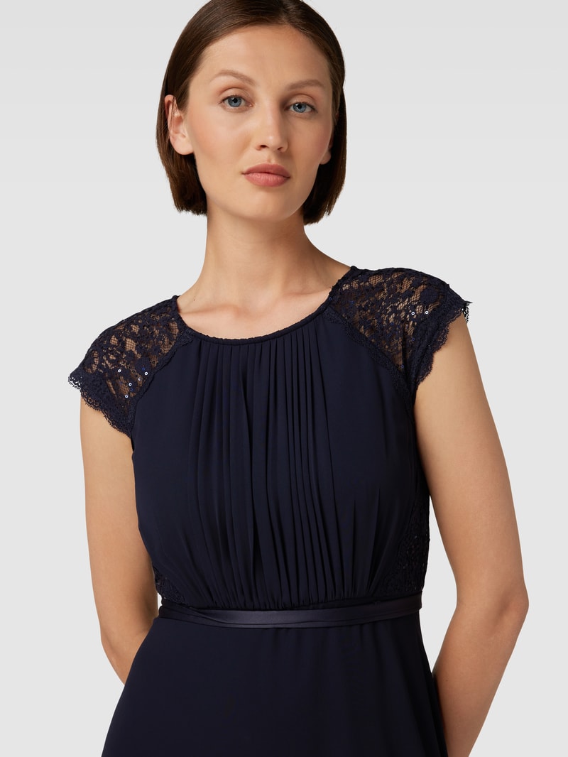 Cocktailkleid mit Spitzenbesatz in marineblau meliert