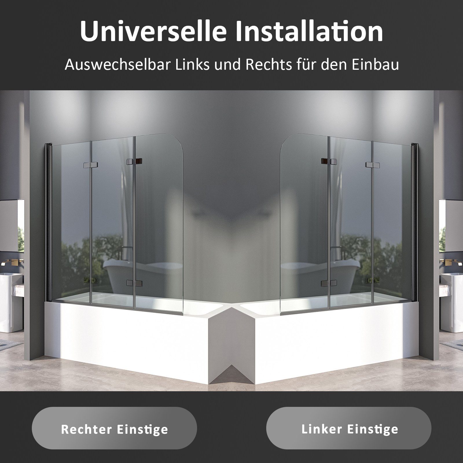 Boromal Badewannenaufsatz Schwarz 3 teilig faltbar Duschwand für Badewanne beideseitig Nano ESG, Alu-Wandprofil, 120x140cm, 130x140cm, (Badewannenfaltwand, 130x140cm,120x140cm), mit Hebe-/Senkfunktion, Rechts-und Links montierbar