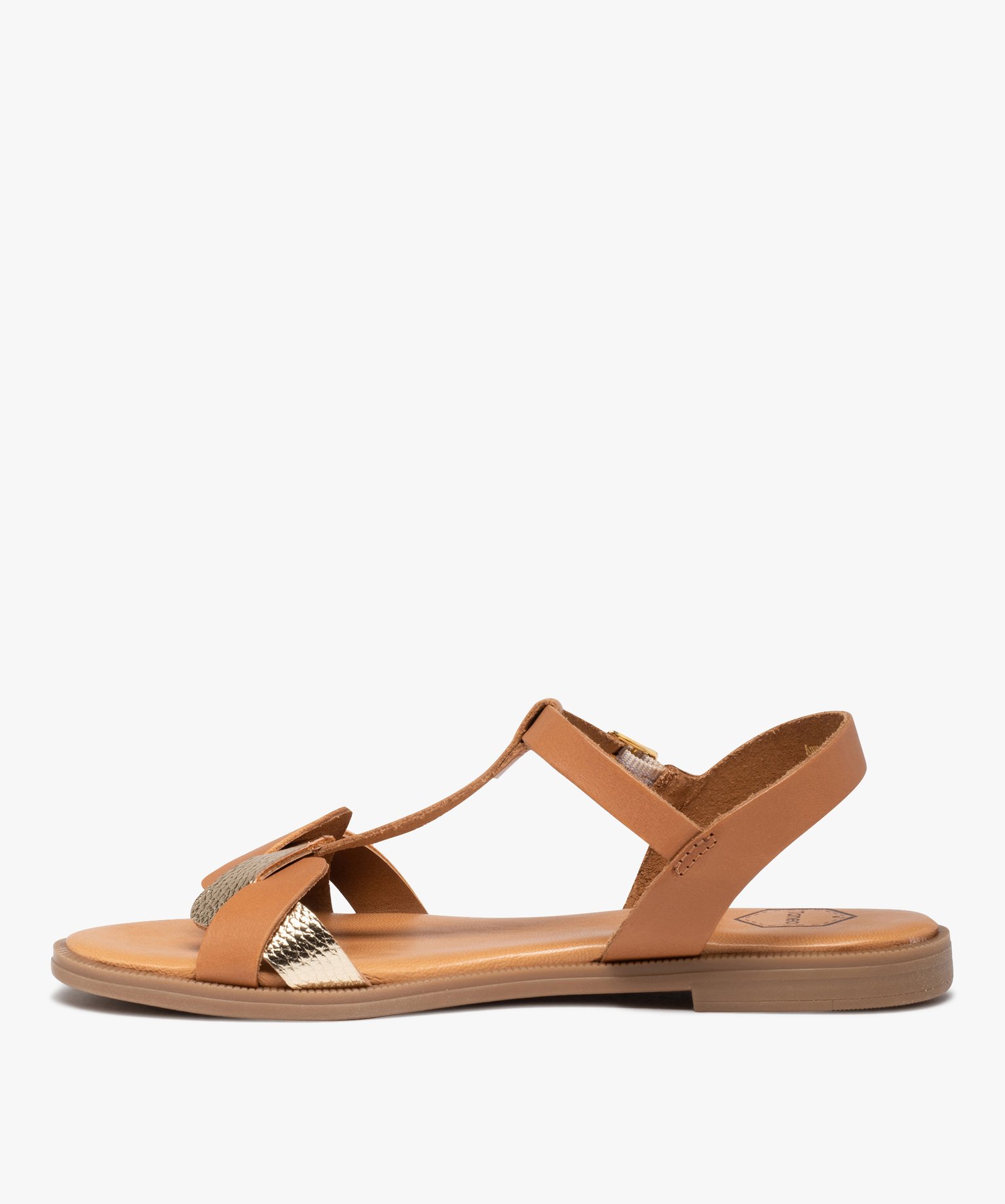 Sandales femme plates dessus cuir détails métal - Tanéo marron | GEMO