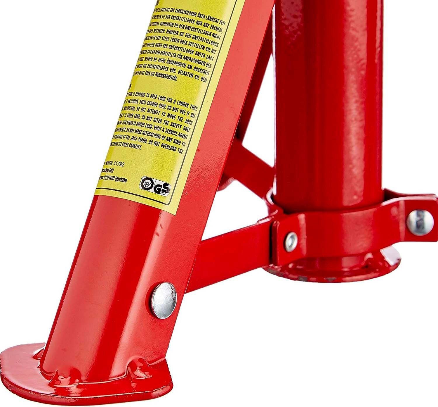 Petex Unterstellbock mit Sicherungssplint, höhenverstellbar und faltbar, 2er Set, Tragkraft: 3 Tonnen, rot