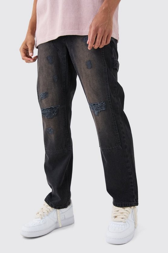 Lockere Jeans in gewaschenem Schwarz mit Riss am Knie