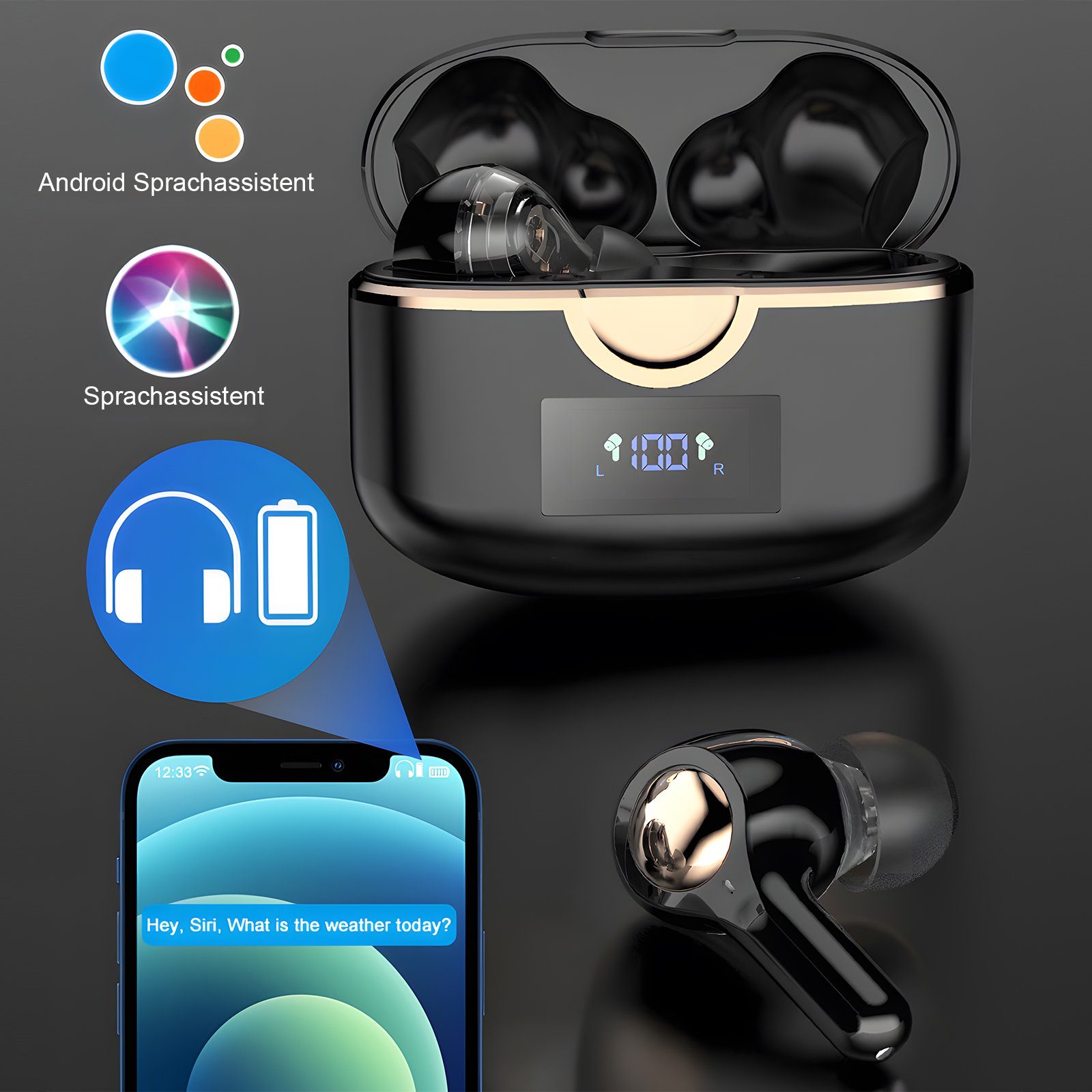 EXTSUD Bluetooth Kopfhörer Kabellos Headset ANC In-Ear-Kopfhörer (Sprachassistent, HIFI-Stereo, Ladefach mit LED-Anzeige, 30-Stunden Standby-Zeit, Rauschunterdrückungsfunktion, Bluetooth 5.2 Gerauschreduzierungsfunktion IPX5, 7 Stunden Musikspielzeit