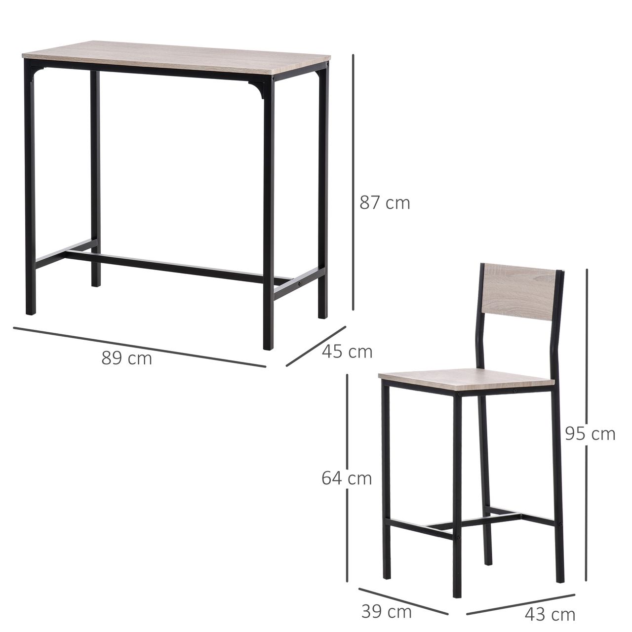 HOMCOM Bartisch Set 3-teilig, Esstisch mit 2 Barhocker, Küchentresen mit Barstühlen, Essgruppe, Sitzgruppe für Küche, Esszimmer und Bistro, Metallgestell, MDF, Natur  Schwarz, 89 x 45 x 87 cm