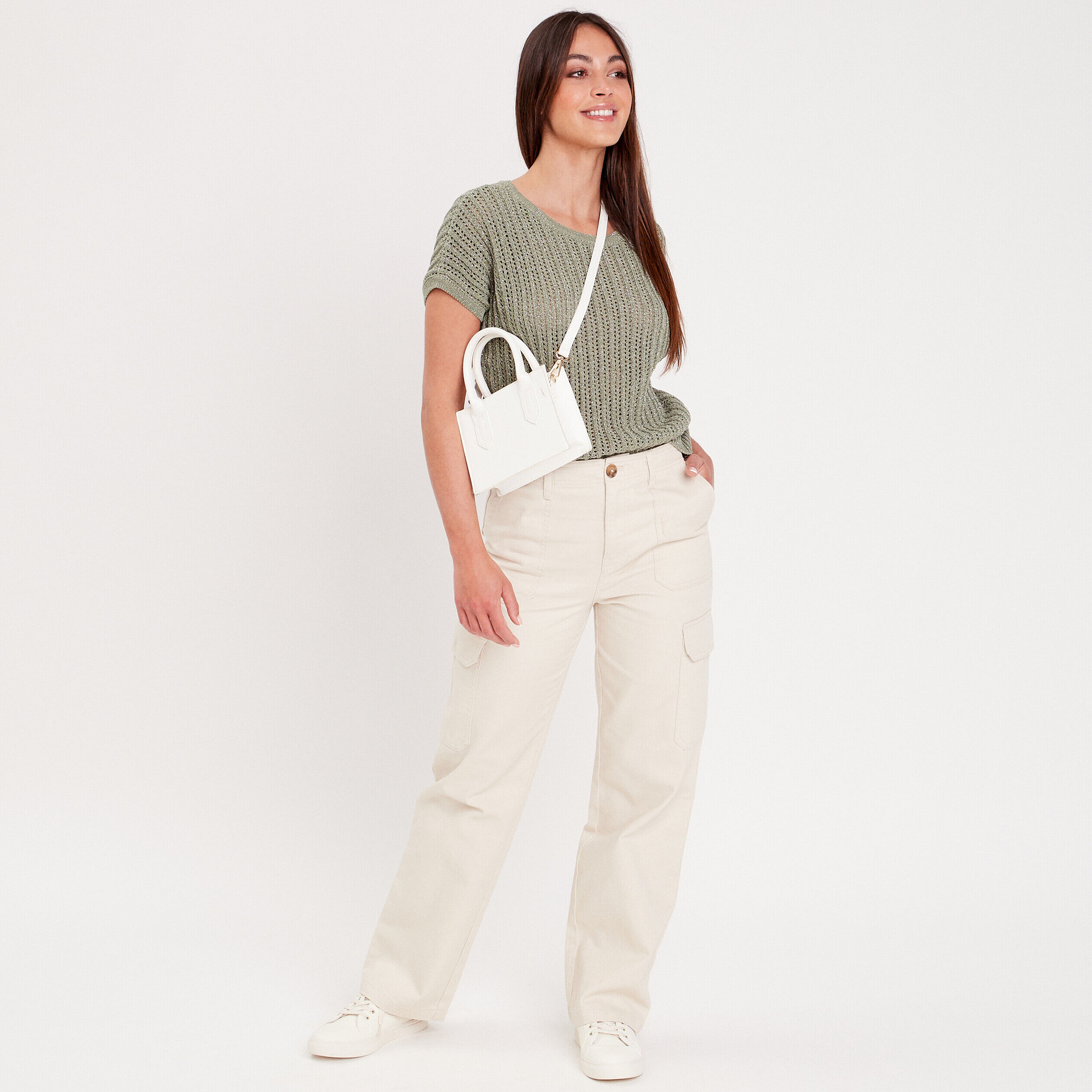 Pull ajouré manches courtes vert kaki femme | Cache Cache