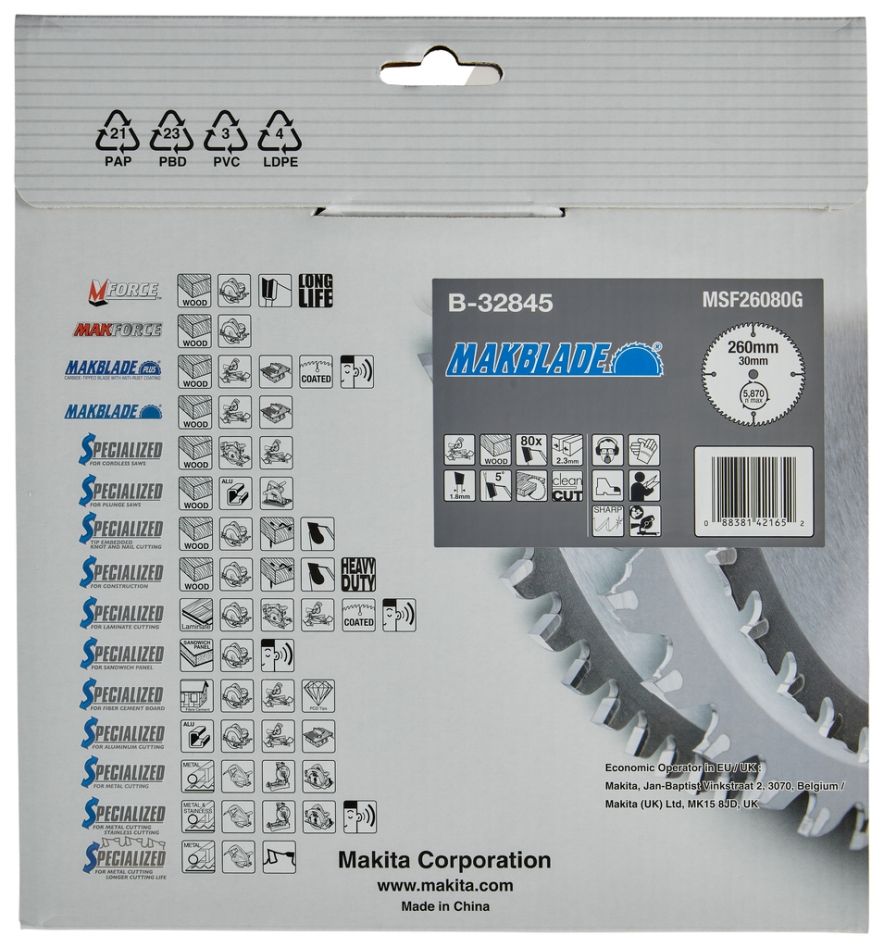 Makita Tillbehör B-32845 Trä Kap- och geringssågblad Makblade 260x30x2.3 80T 5g