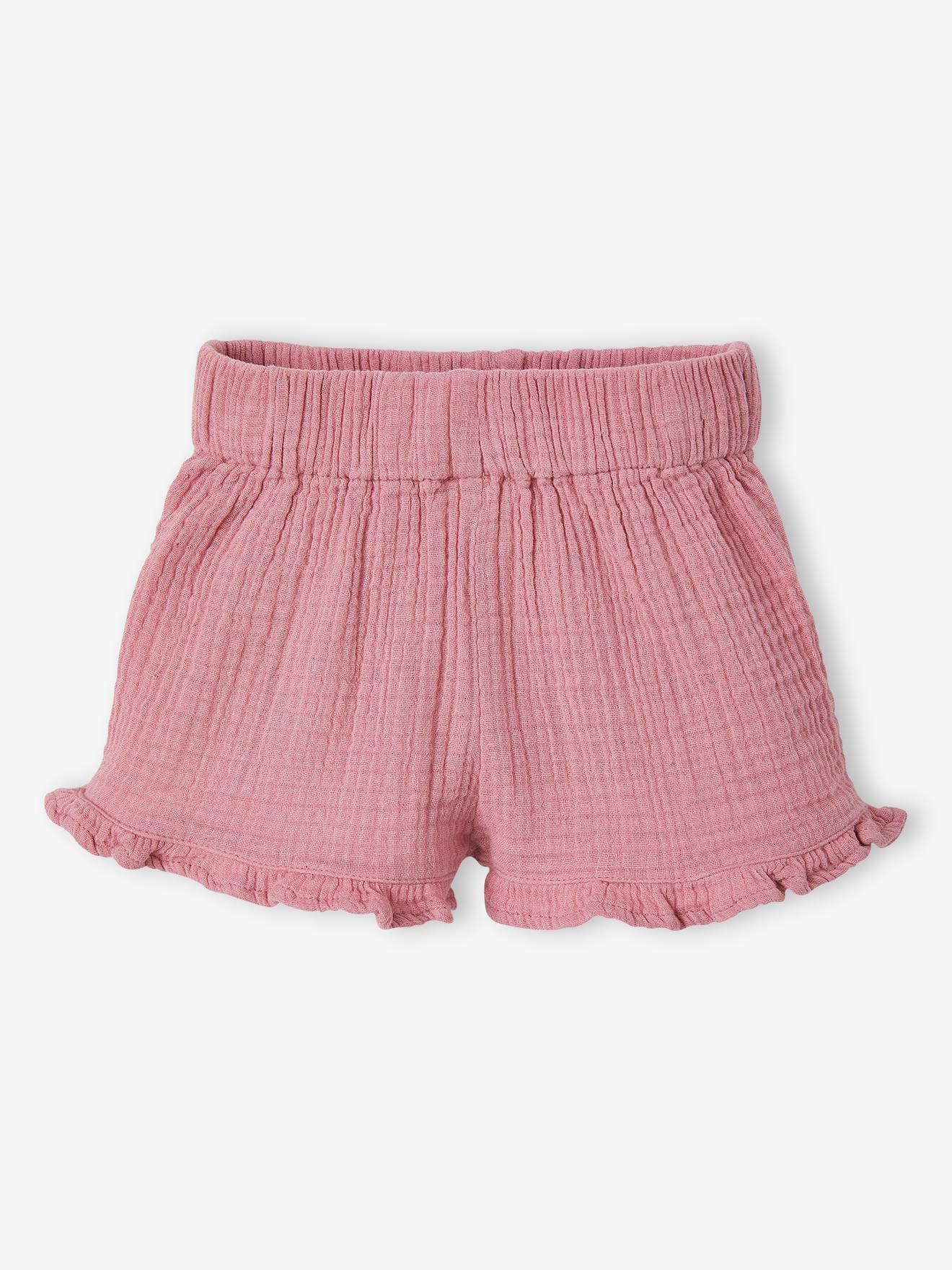 Ensemble 3 pièces bébé blouse brodée, short en gaze de coton et son bandeau assorti rose