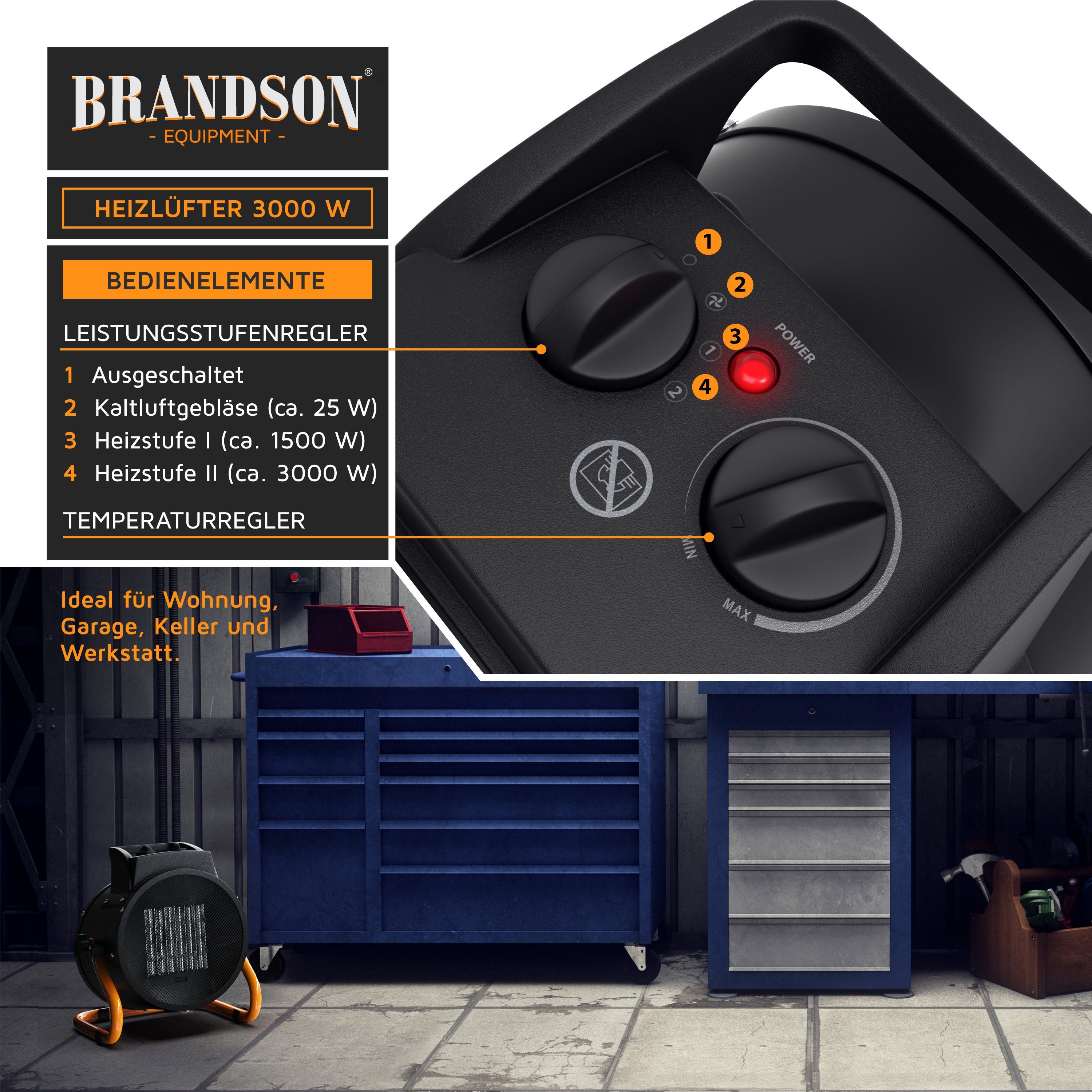 Brandson Keramikheizlüfter, 3000 W, Baustellen Heizlüfter - Heizgebläse 3 kW / Keramik Elektroheizgebläse