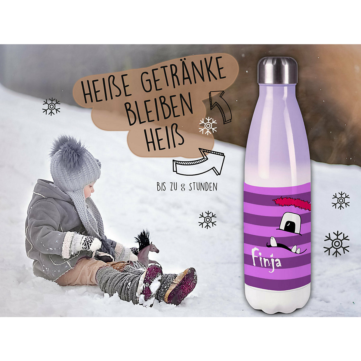 Edelstahl Kinder Thermoflasche / Trinkflasche bunt Monster Streifen Farbe lila Spülmaschinenfest, Auslaufsicher, Bruchfest, Doppelwandig, Für Heißgetränke geeignet, Mit Deckel, Isoliert