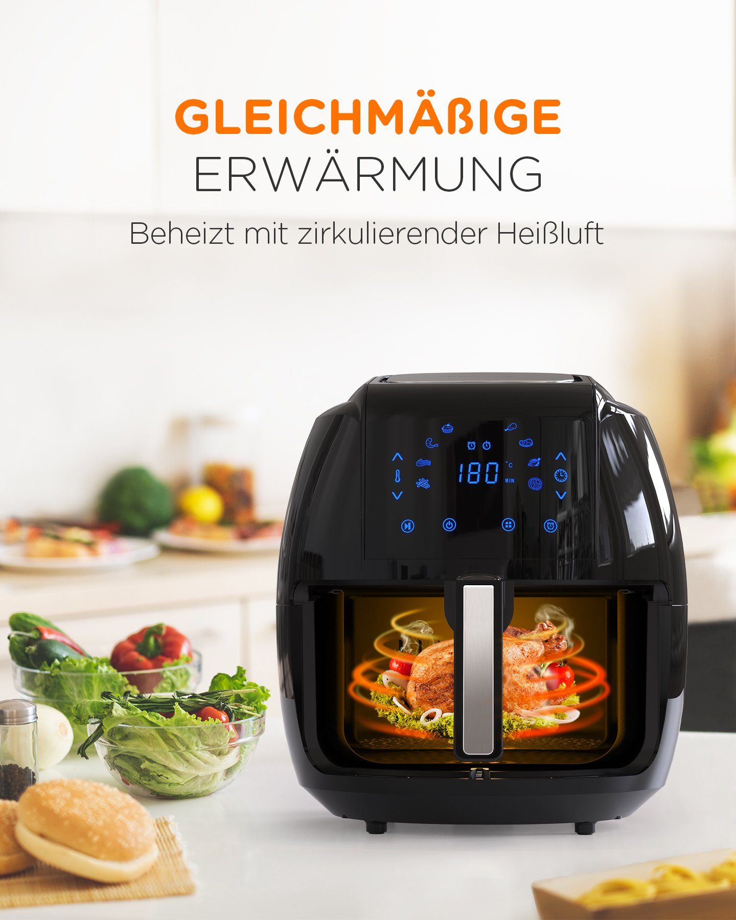 Tomons Heißluftfritteuse XXL 5,5L Elektrofritteuse Airfryer, ohne Fett und Öl, 1800,00 W