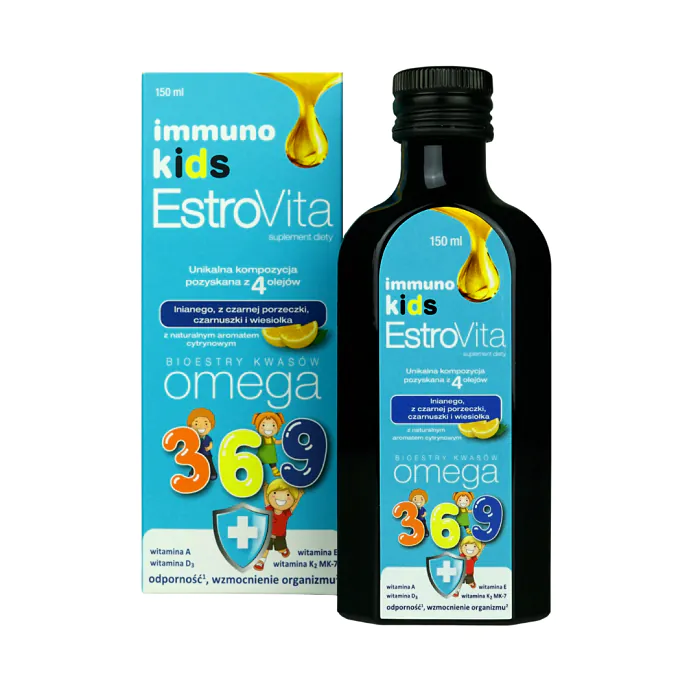 „EstroVita Immuno Kids“, omega 3-6-9 rūgščių bioesteriai, citrinų skonio skystis