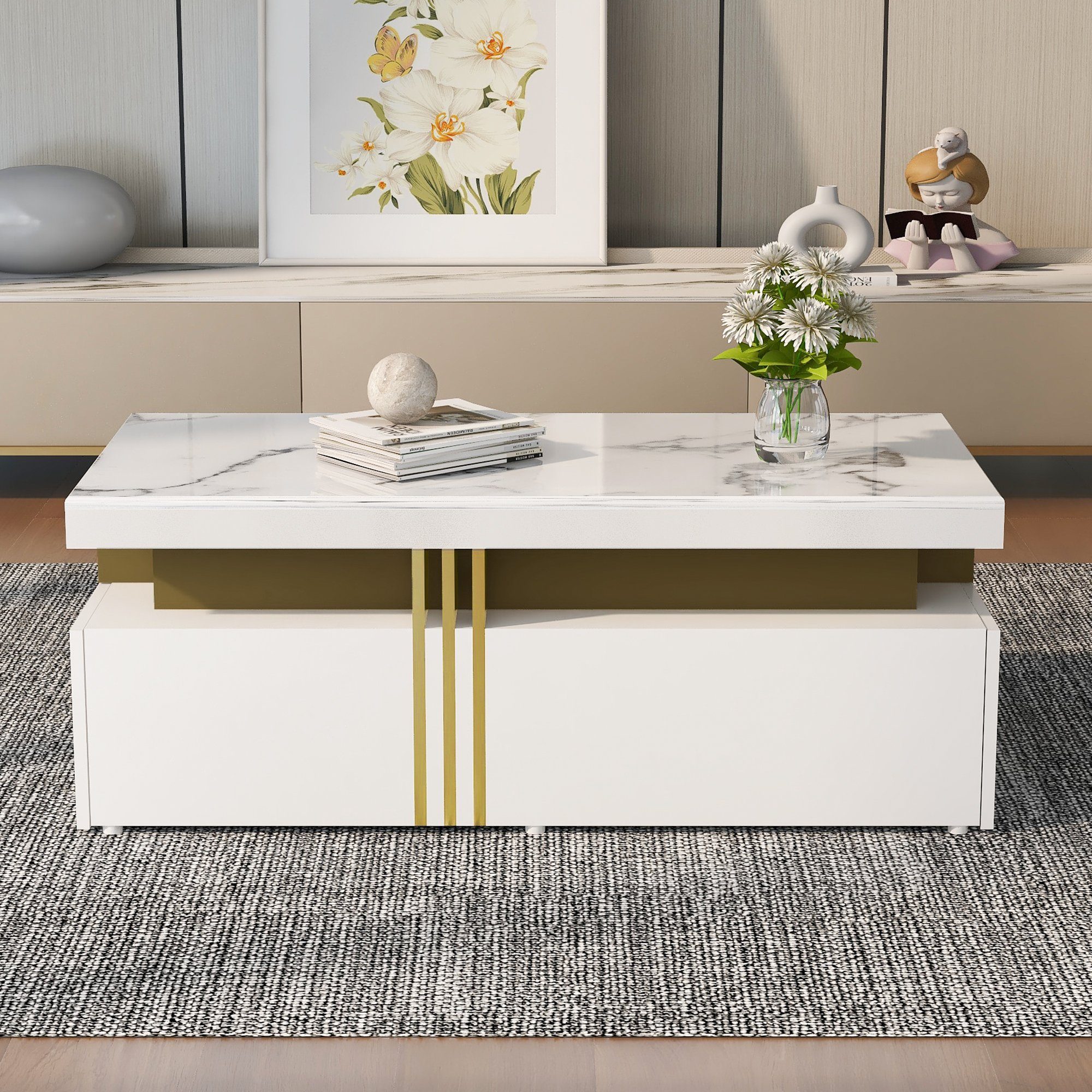Odikalo Couchtisch Teetisch rechteckig Wohnzimmer 2 Holzschubladen Marmor Schwarz/Weiß