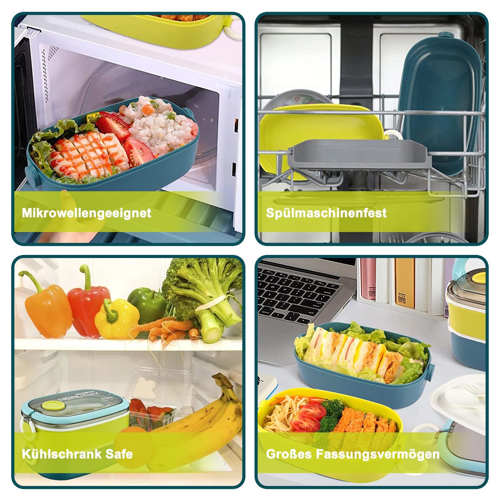MDHAND Lunchbox 1600ML Lunchbox mit Löffel und Gabel für Kinder/Erwachsene, (1-tlg), Blau Grün