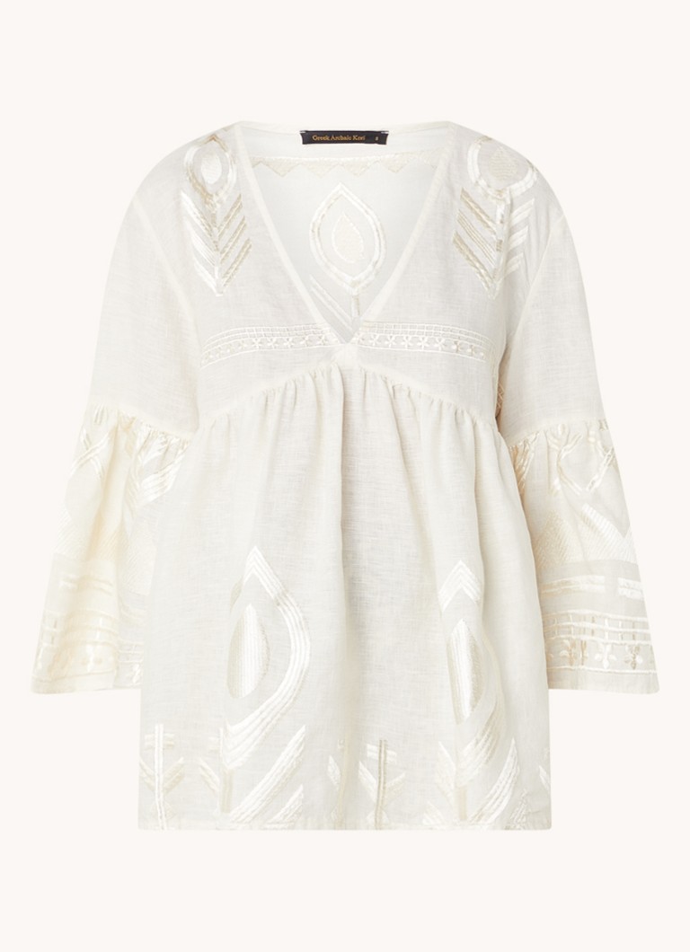 Greek Archaic Kori Linen tunic with embroidery and trumpet sleeves