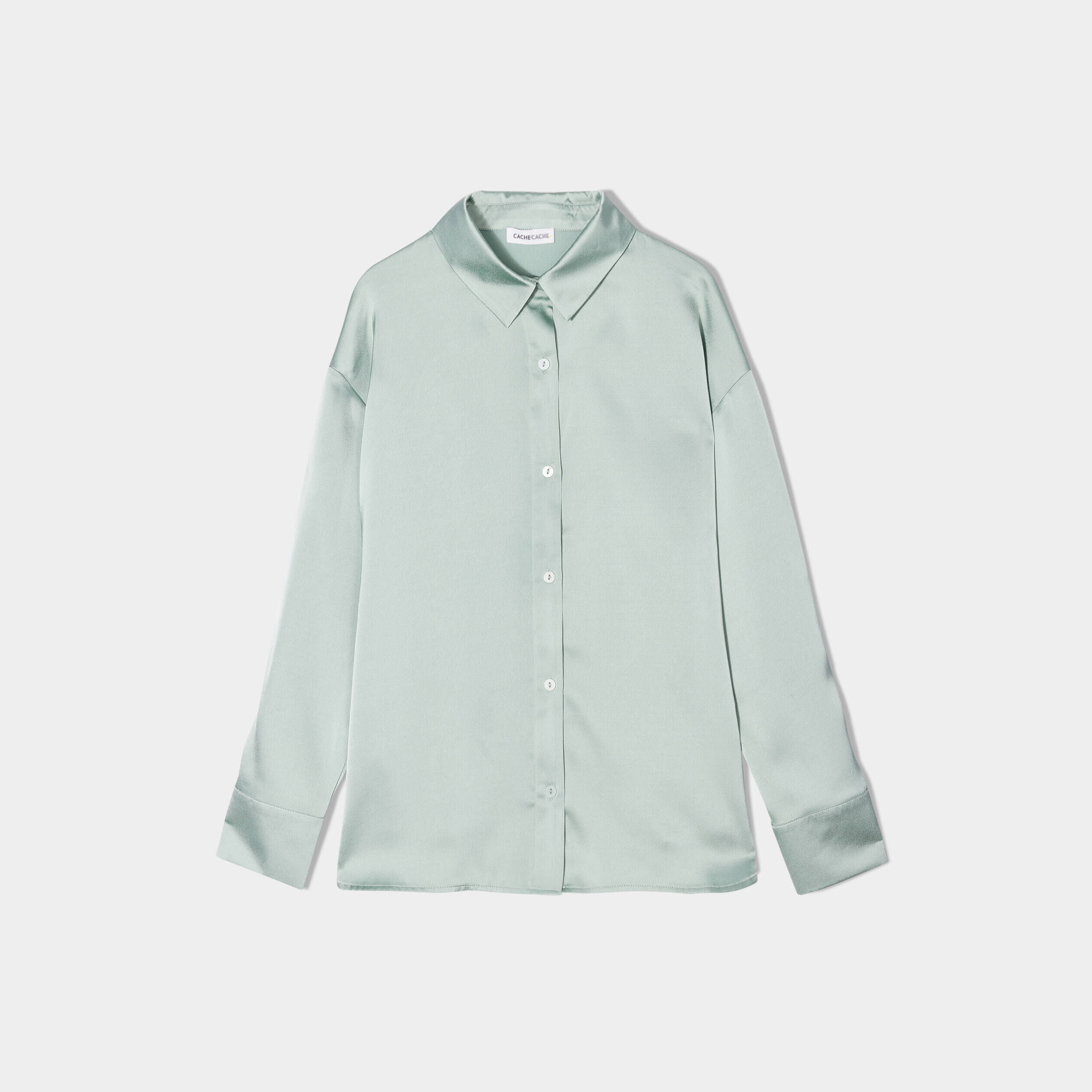 Chemise manches longues satin vert pastel femme | Cache Cache
