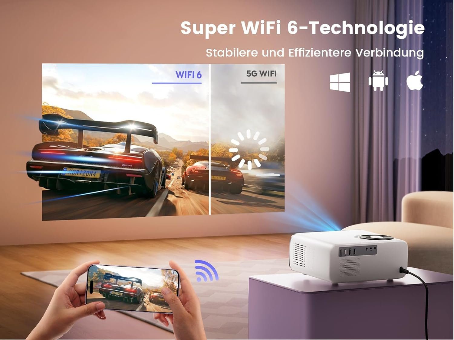 WiMiUS Andriod TV Elektrischer Fokus Nativ 1080P WiFi6 Bluetooth Beamer (1920 x 1080 px, 4K-Unterstützung 750ANSI Video Beamer Heimkino mit Stativ/Automatische)