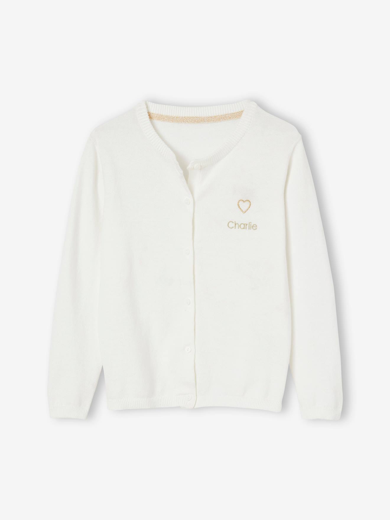 Gilet fille broderie coeur irisée Basics personnalisable ivoire