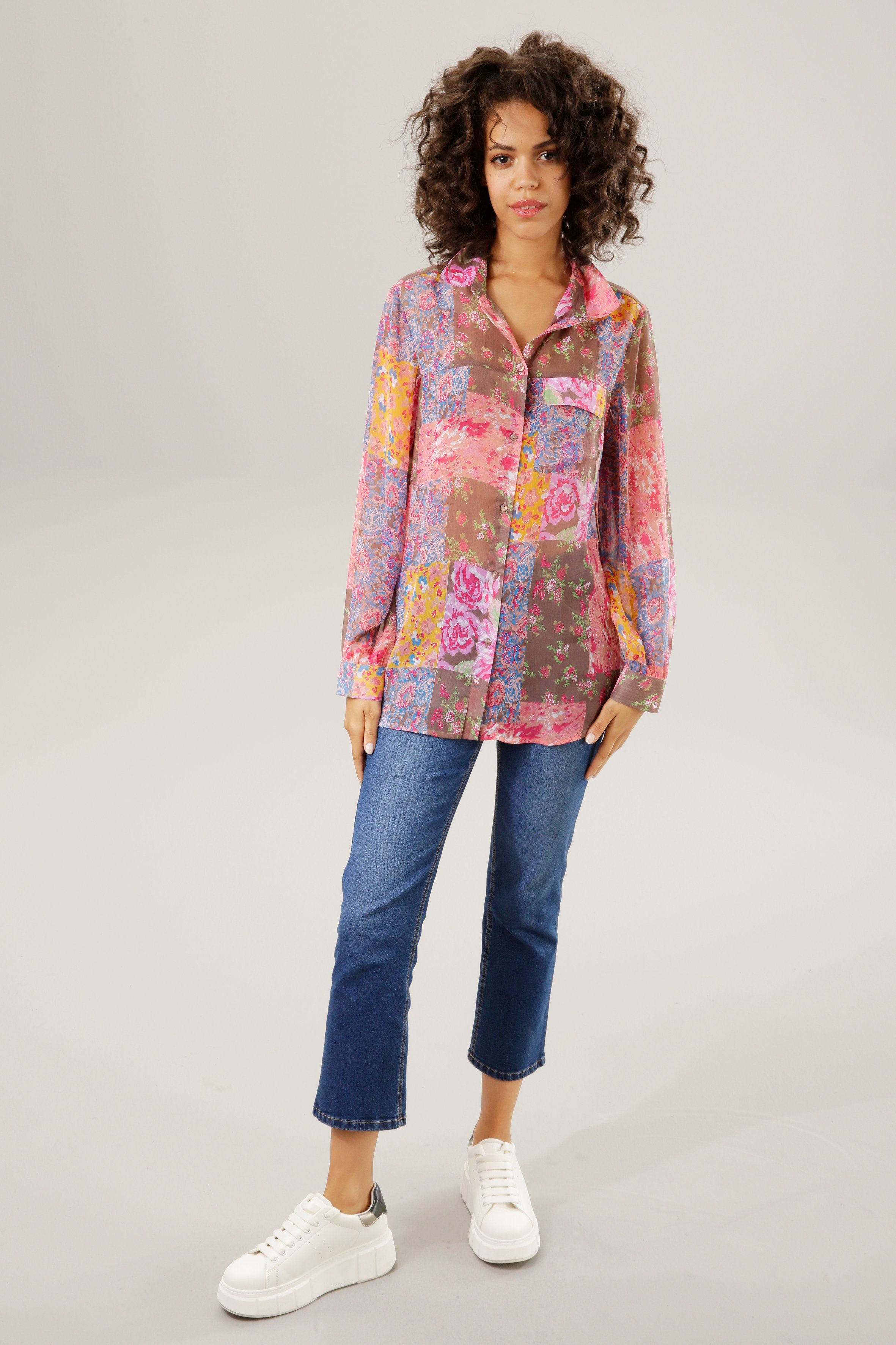 Aniston CASUAL Hemdbluse mit bunten Blumendrucken im Patch-Dessin - NEUE KOLLELKTION
