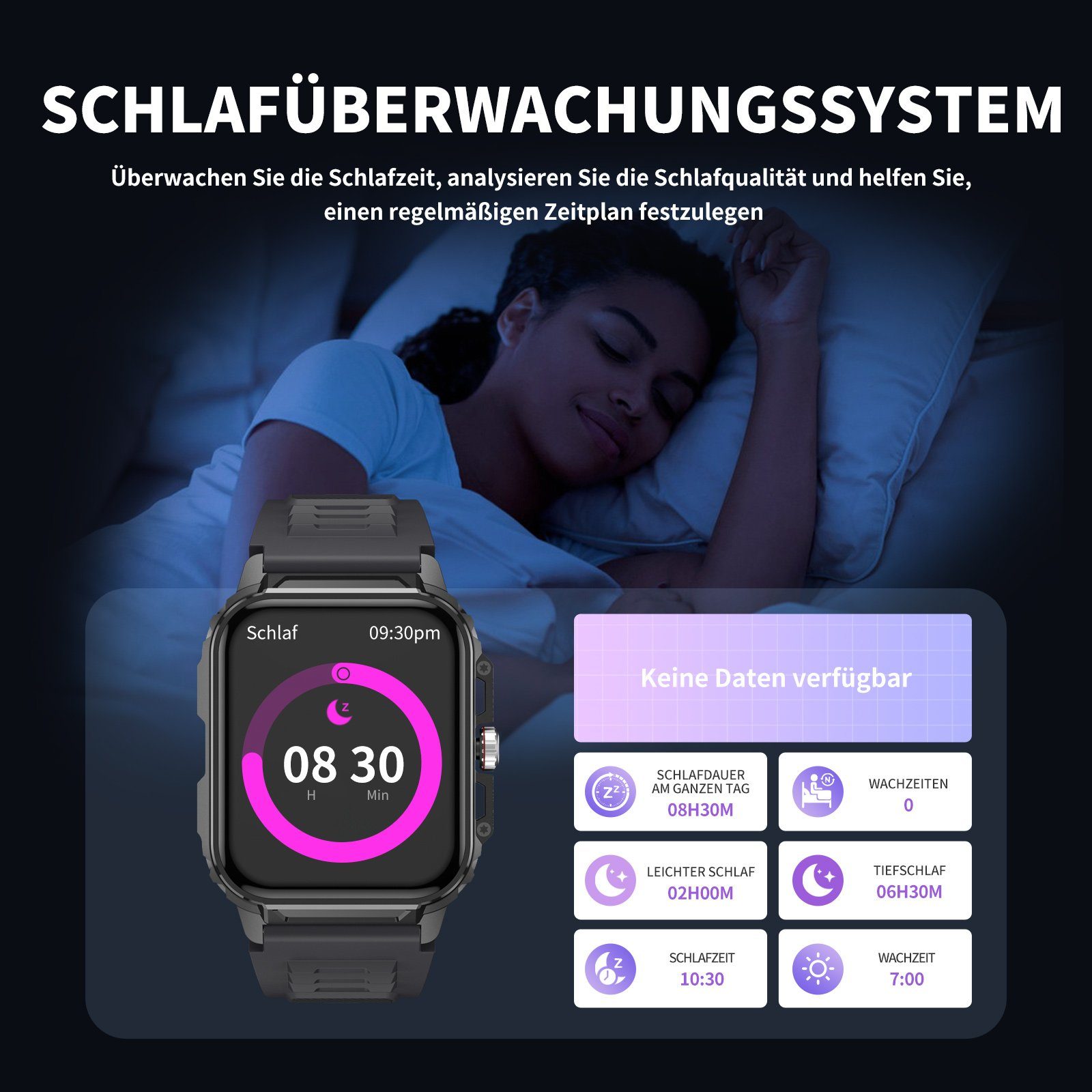 BUMHUM Smartwatch für Outdoor-Sport, Bluetooth-Anrufe, wasserdicht, Smartwatch (1.83 Zoll) Gesundheitsüberwachung, dreifacher Schutz, Fitnessuhr mit Telefonfunktion, IP68 Wasserdicht, 1.85