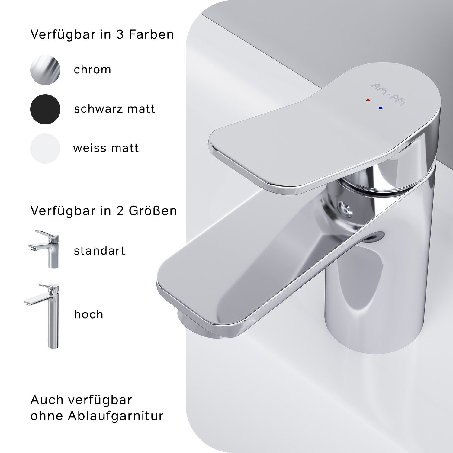 AM.PM Waschtischarmatur Waschbeckenarmatur X-Joy Waschbecken Wasserhahn Bad (mit Klick-Ablaufgarnitur, Mischbatterie) geräuscharme Kartusche, Waschtisch Mischbatterie Badezimmer Badarmatur
