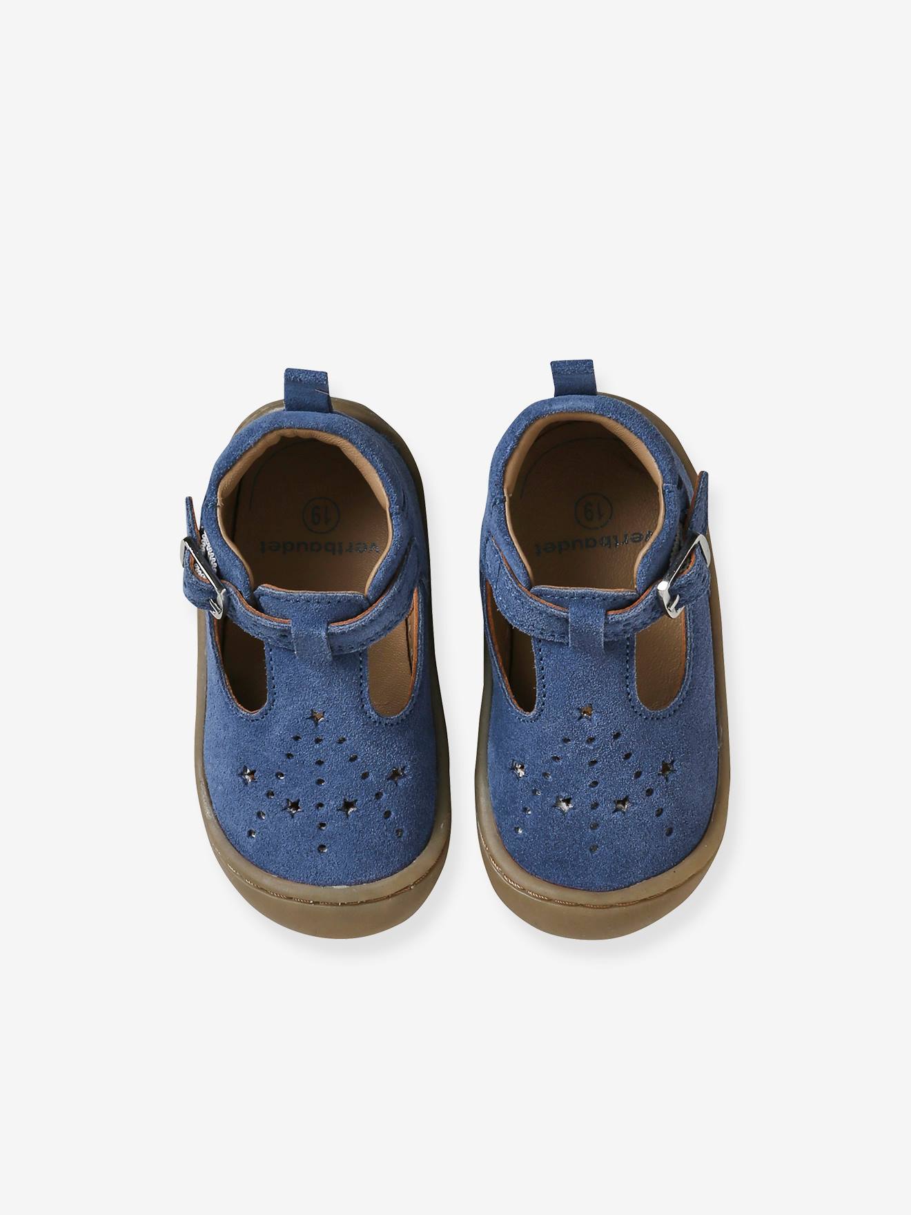 Salomés cuir souple bébé 4 pattes bleu jean