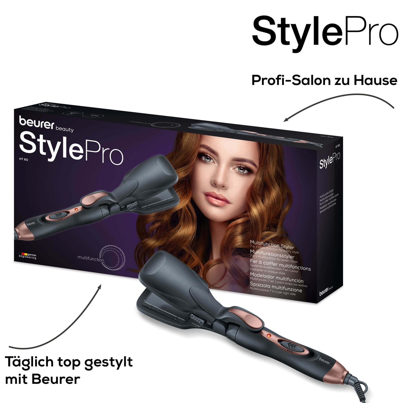 Beurer Multifunktionsstyler - HT 60-7-in-1 Haarstyler - Krepp- & Glätteisen, Bürsten- & Spiralaufsatz & 3 Lockenstäbe
