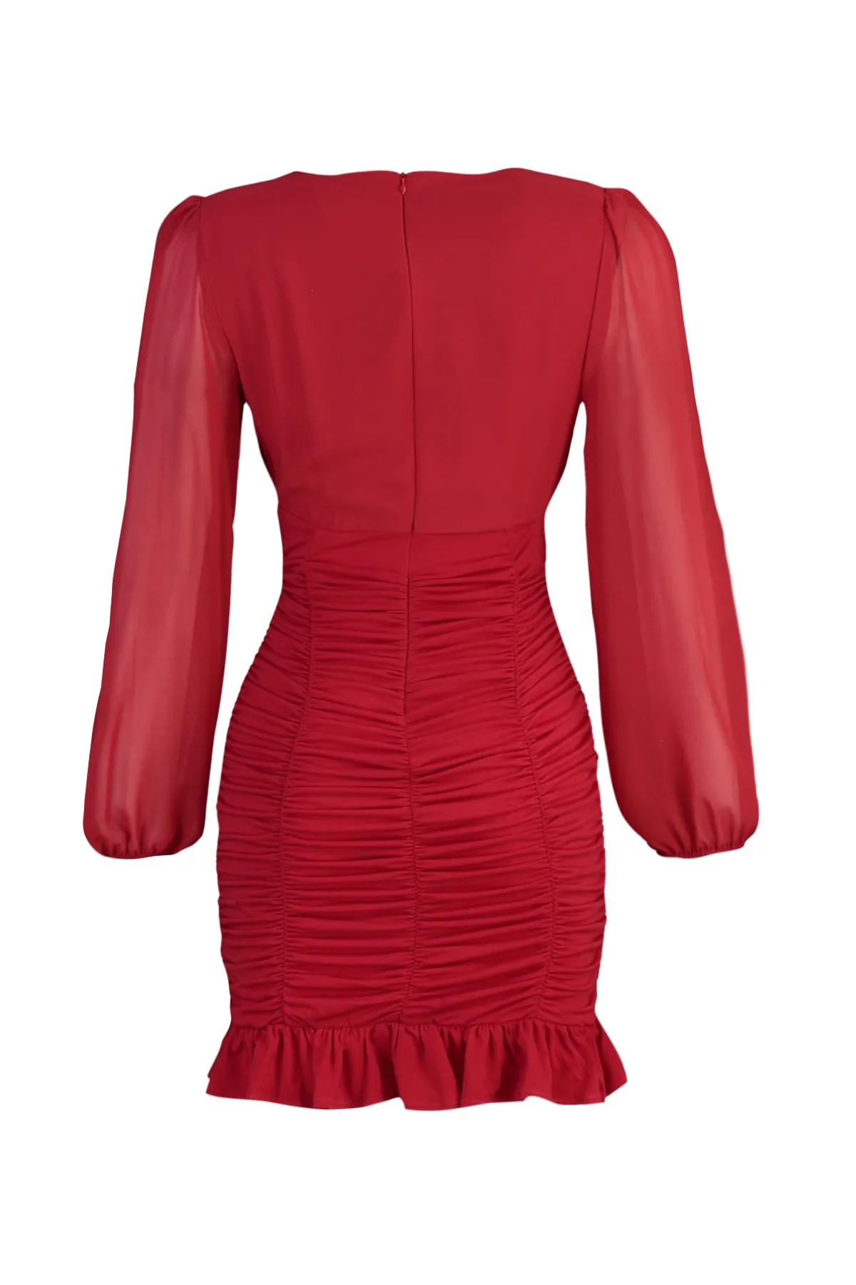 Trendyol Collection  Rotes, figurbetontes, gewebtes Minikleid mit Guiping und V-Ausschnitt TWOAW23EL01044