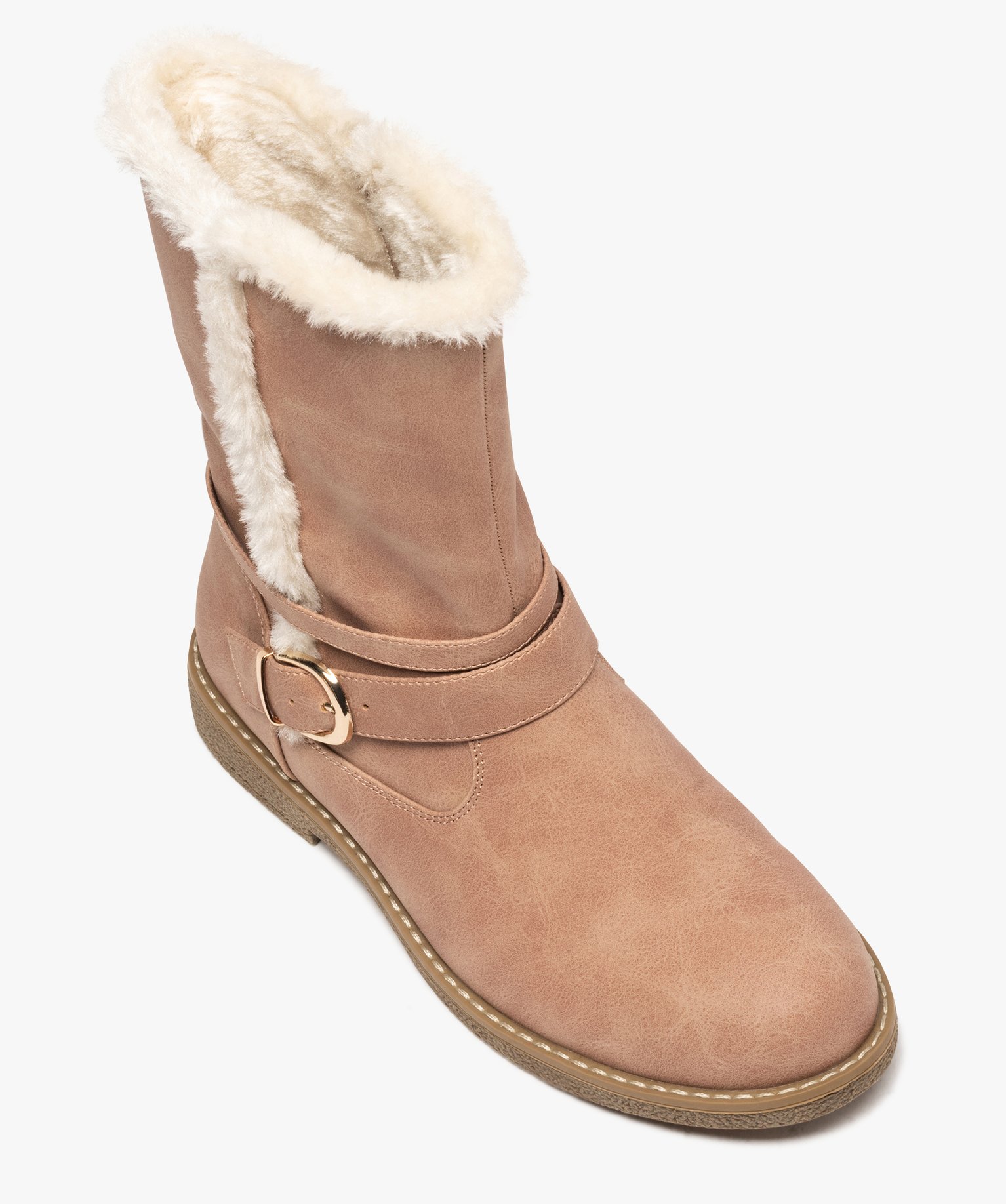Boots fourrées femme plates unies avec bride décorative rose | GEMO