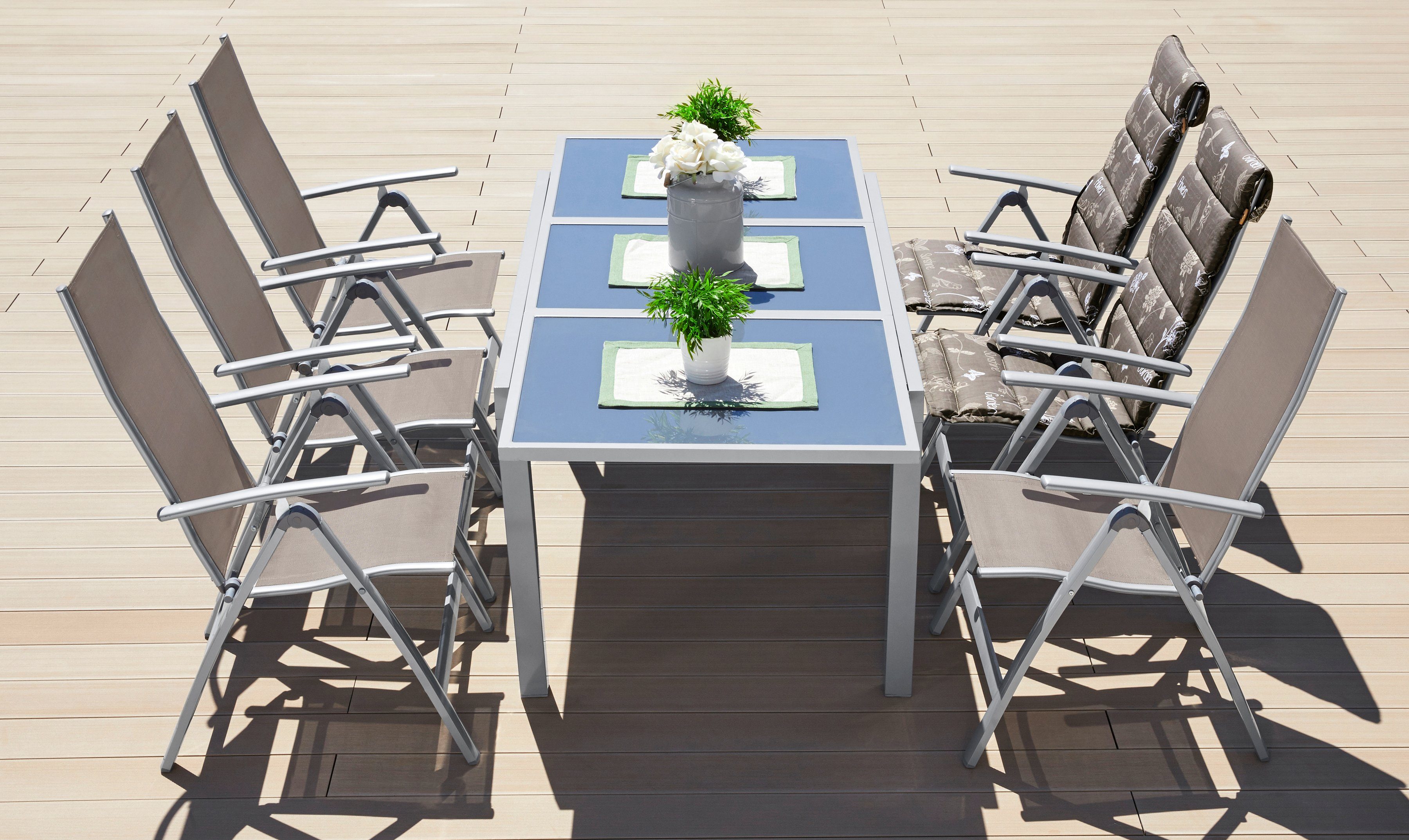 MERXX Garten-Essgruppe Amalfi, (7-tlg), 6 Hochlehner, ausziehbarer Tisch 90x140-200 cm, Alu/Textil