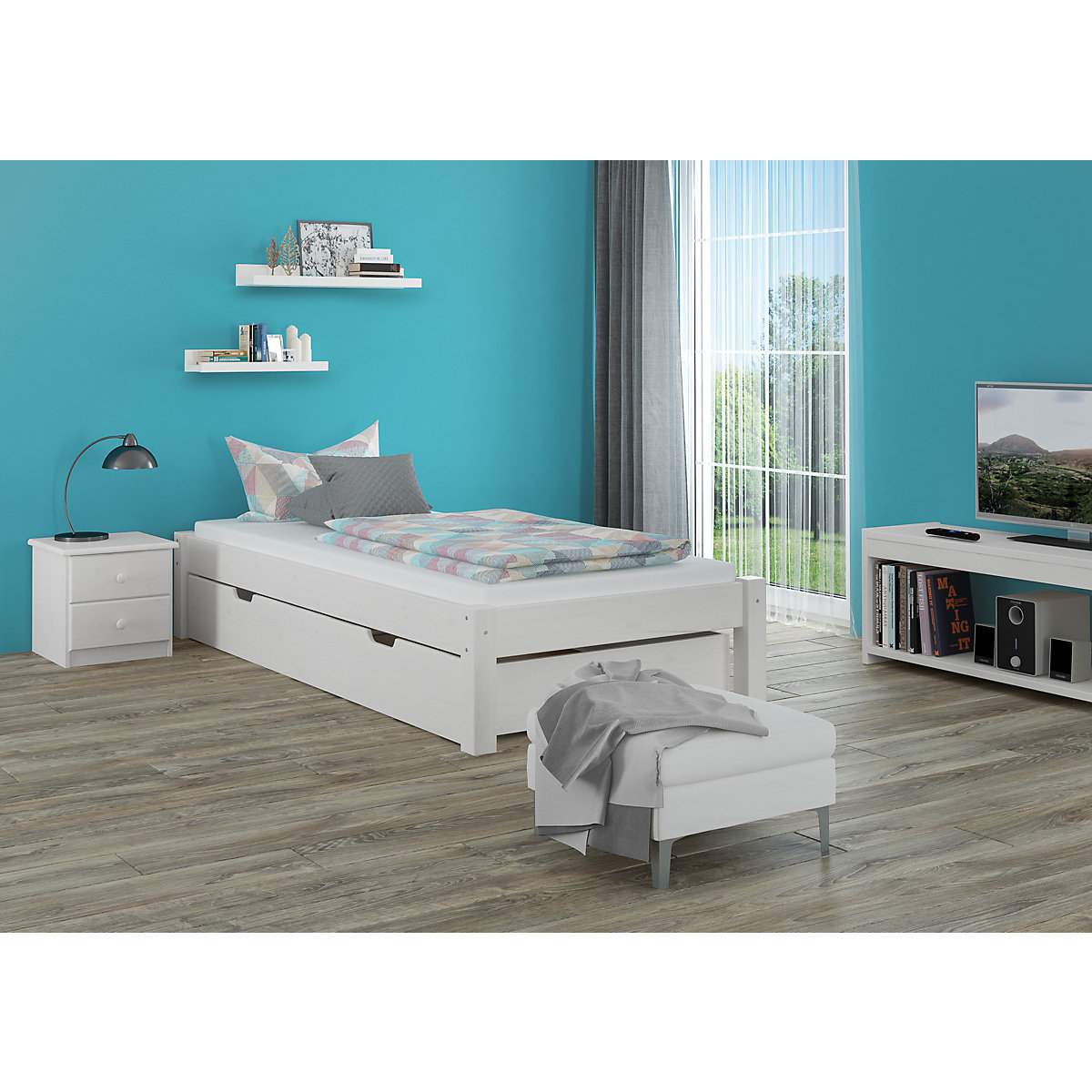 Weißes Jugendbett Kiefer massiv 90x200 mit Rost und Matratze