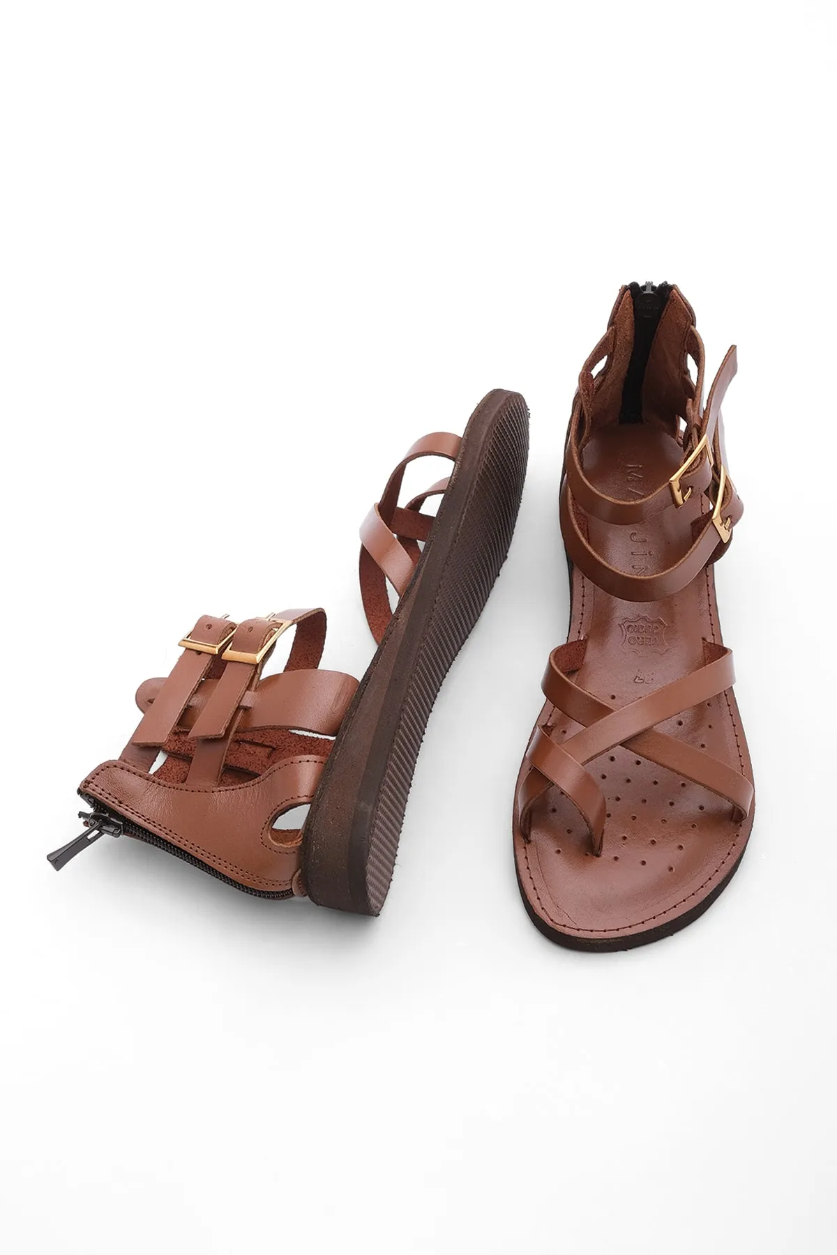 Marjin  Damen Flip-Flops aus echtem Leder mit leichter Eva-Sohle, Alltagssandalen Zelos, hellbraun