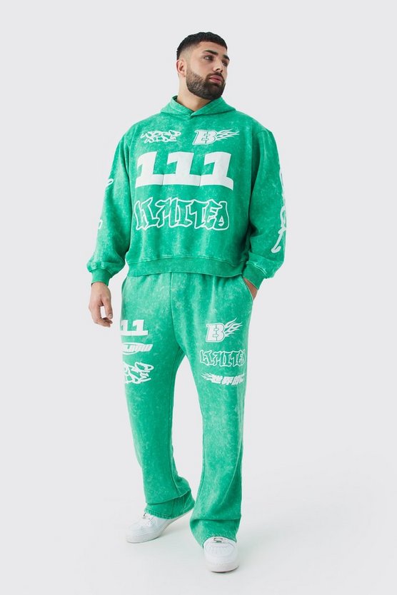 Plus kastiger gerippter Oversize Trainingsanzug mit Print