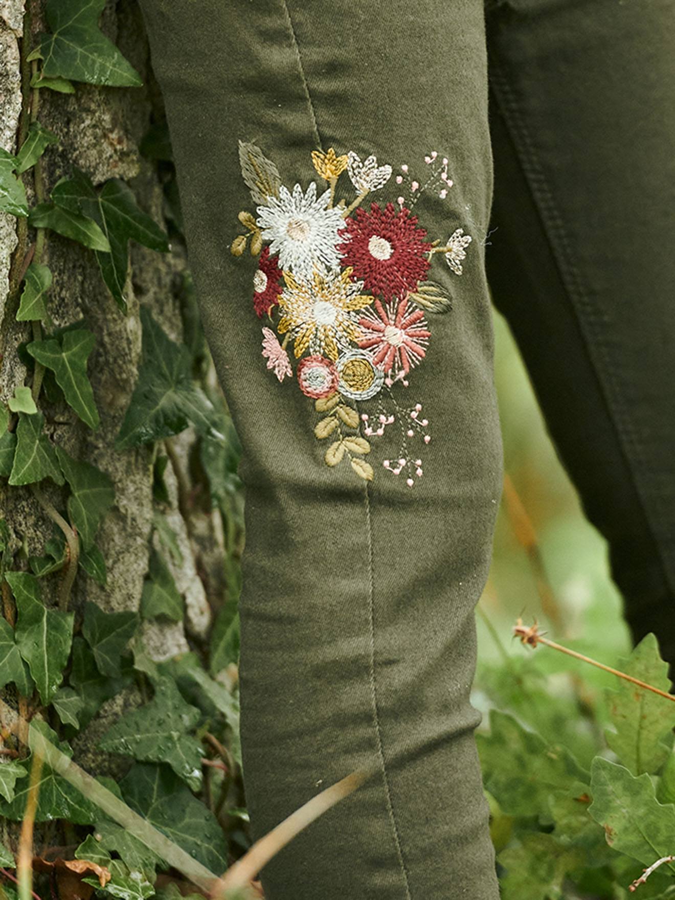 Pantalon slim brodé fleurs fille taille haute vert