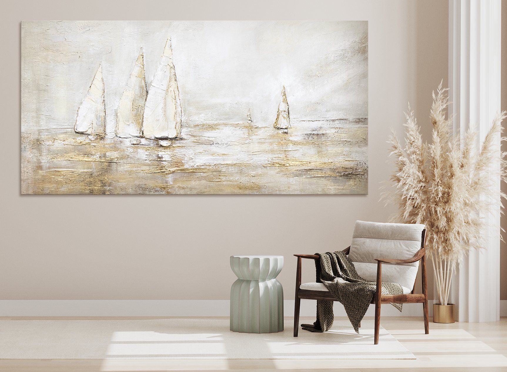 YS-Art Gemälde Sonnenblendung, Landschaftsbilder, Gold Segelboote Meer Wasser Leinwand Bild Handgemalt